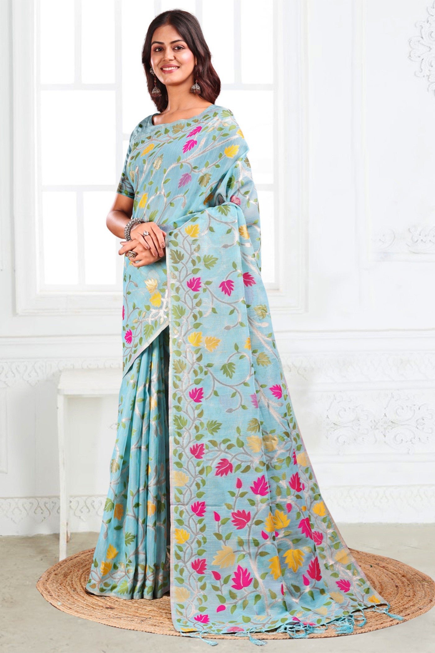 Buy MySilkLove Cloudy Blue Woven Linen Cotton Saree Online