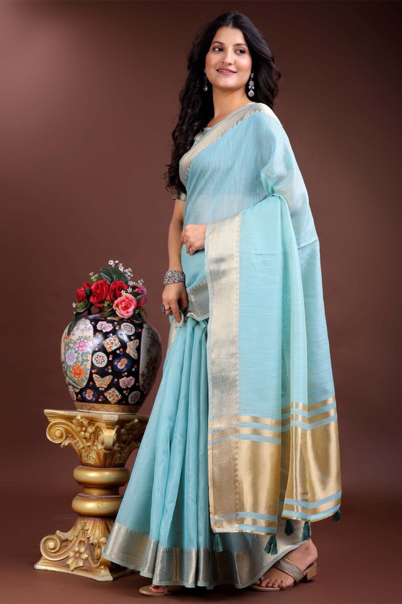 MySilkLove Stone Blue Woven Cotton Saree