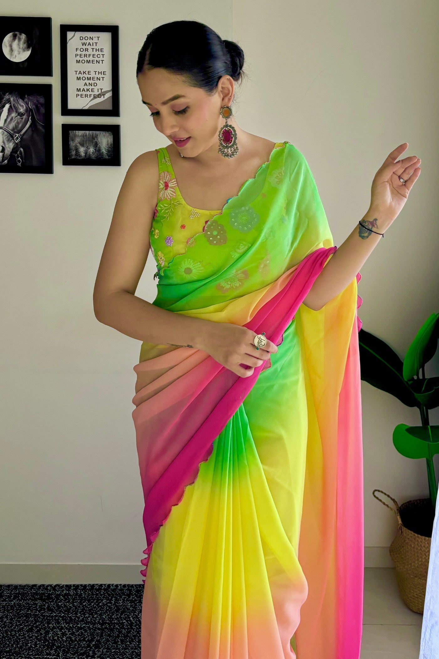 Buy MySilkLove Multicolor Green Georgette Saree Online