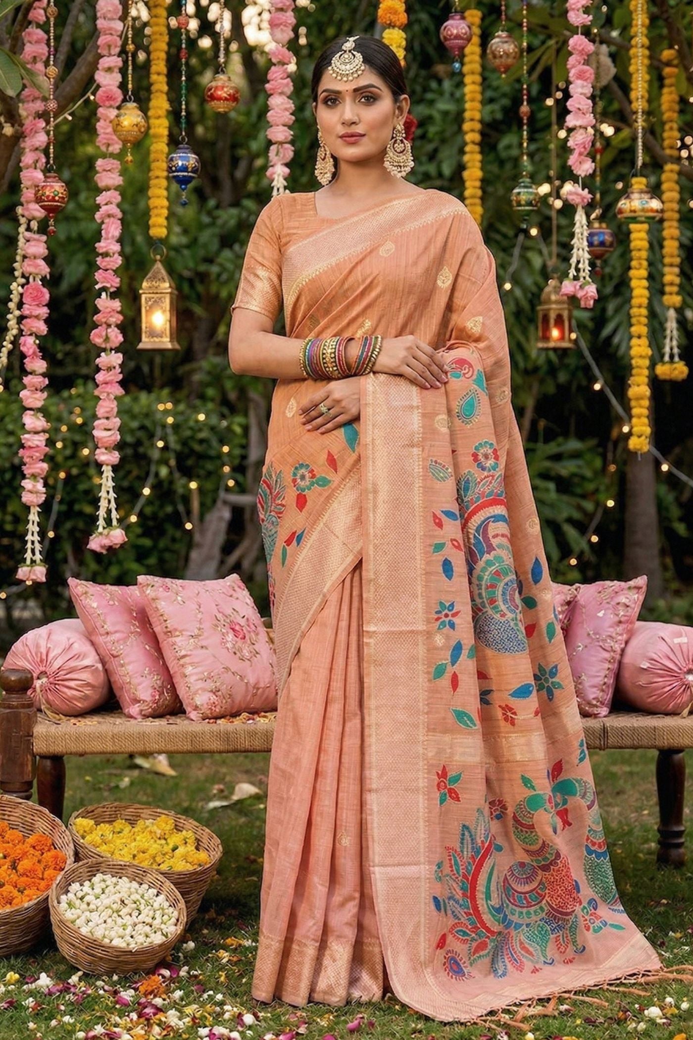 Buy MySilkLove Apricot Peach Woven Linen Cotton Saree Online