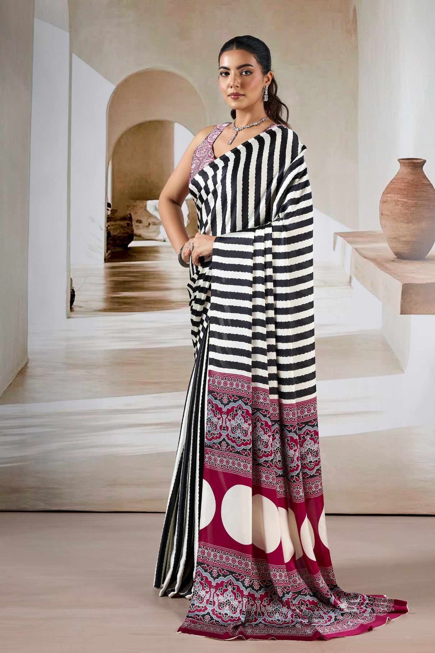 Buy MySilkLove Noir Black Stripe Ajrakh Printed Satin Crepe Silk Saree Online