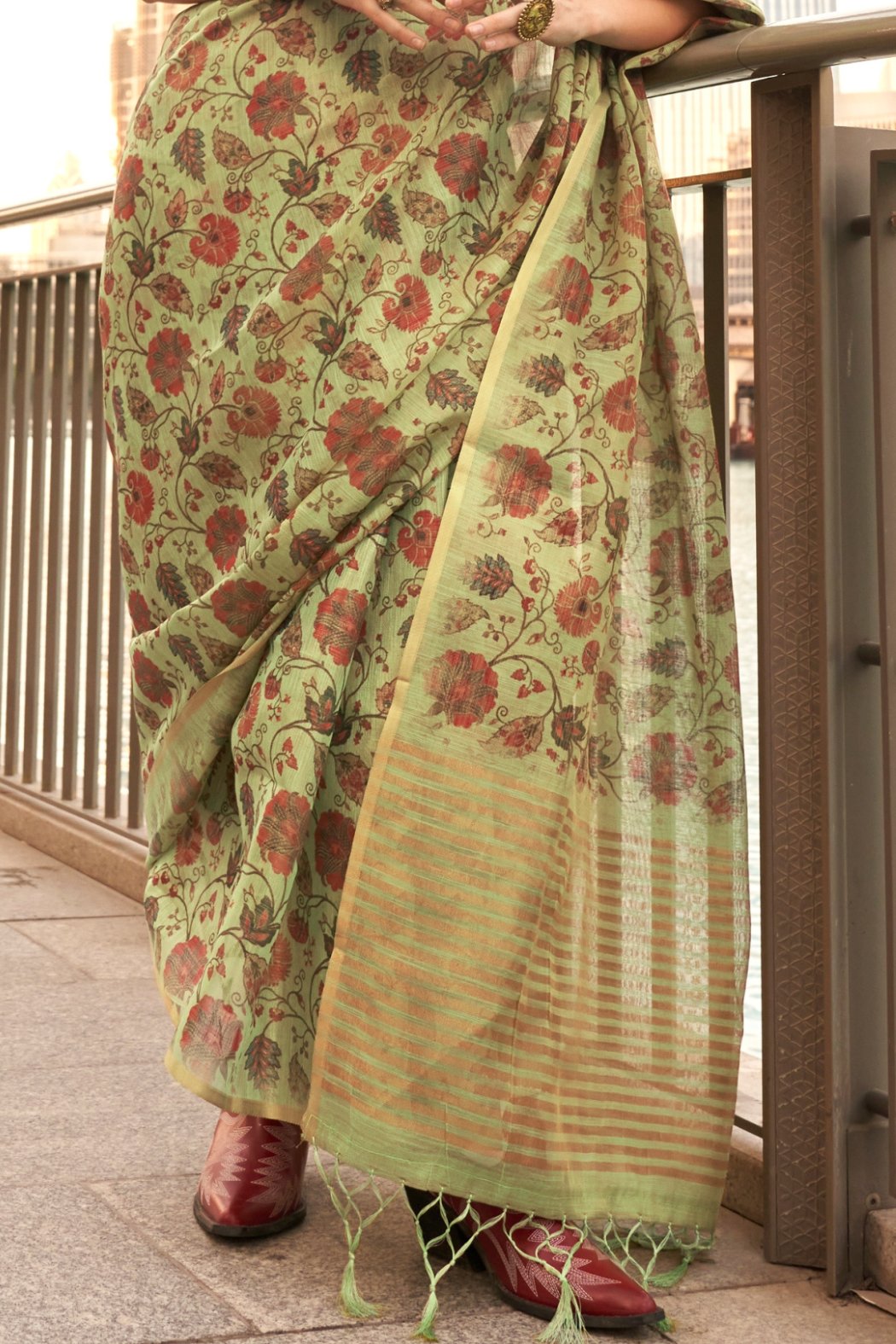 Buy MySilkLove French Green Printed Tissue Saree Online