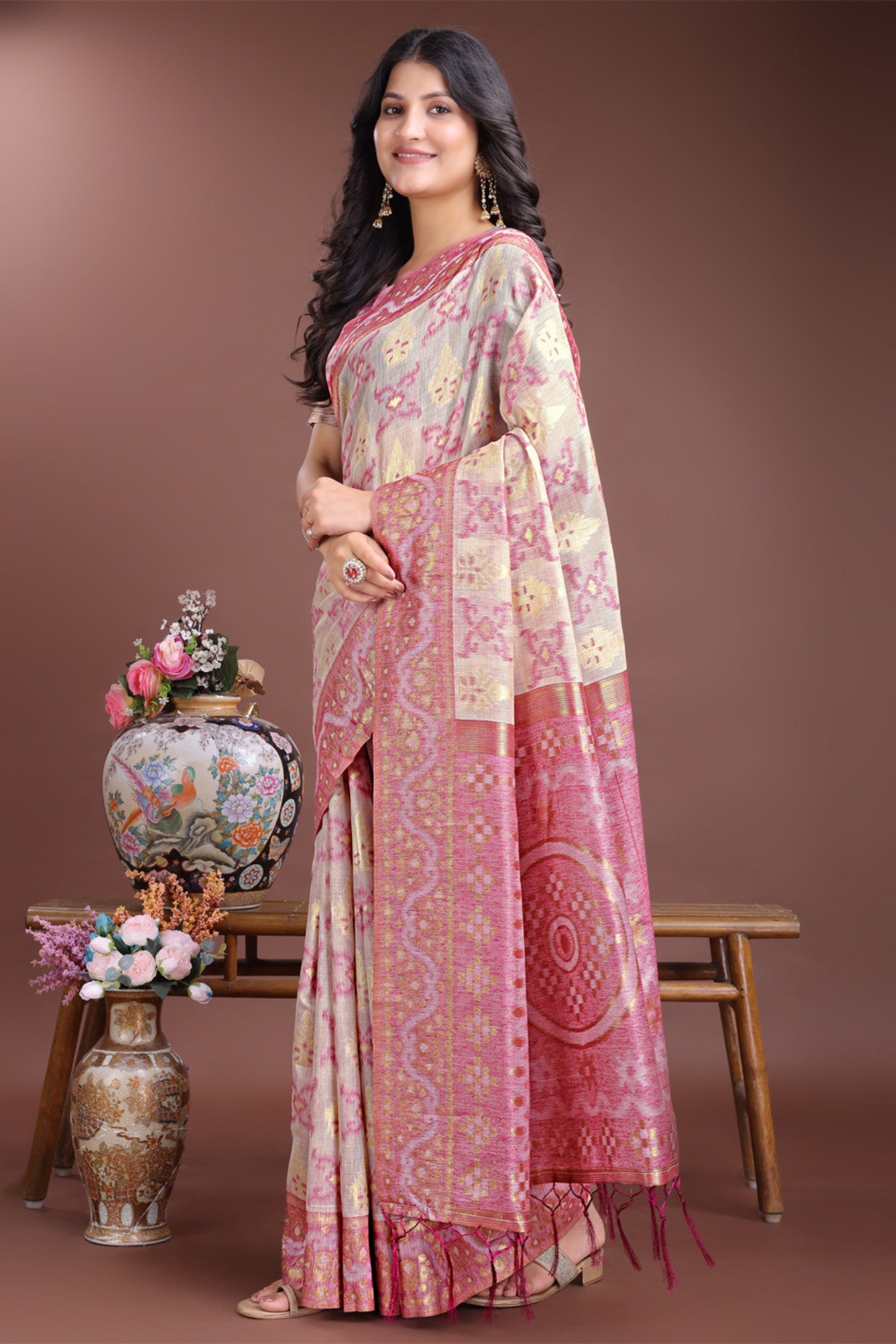 Buy MySilkLove Moranch Pink Linen Cotton Saree Online