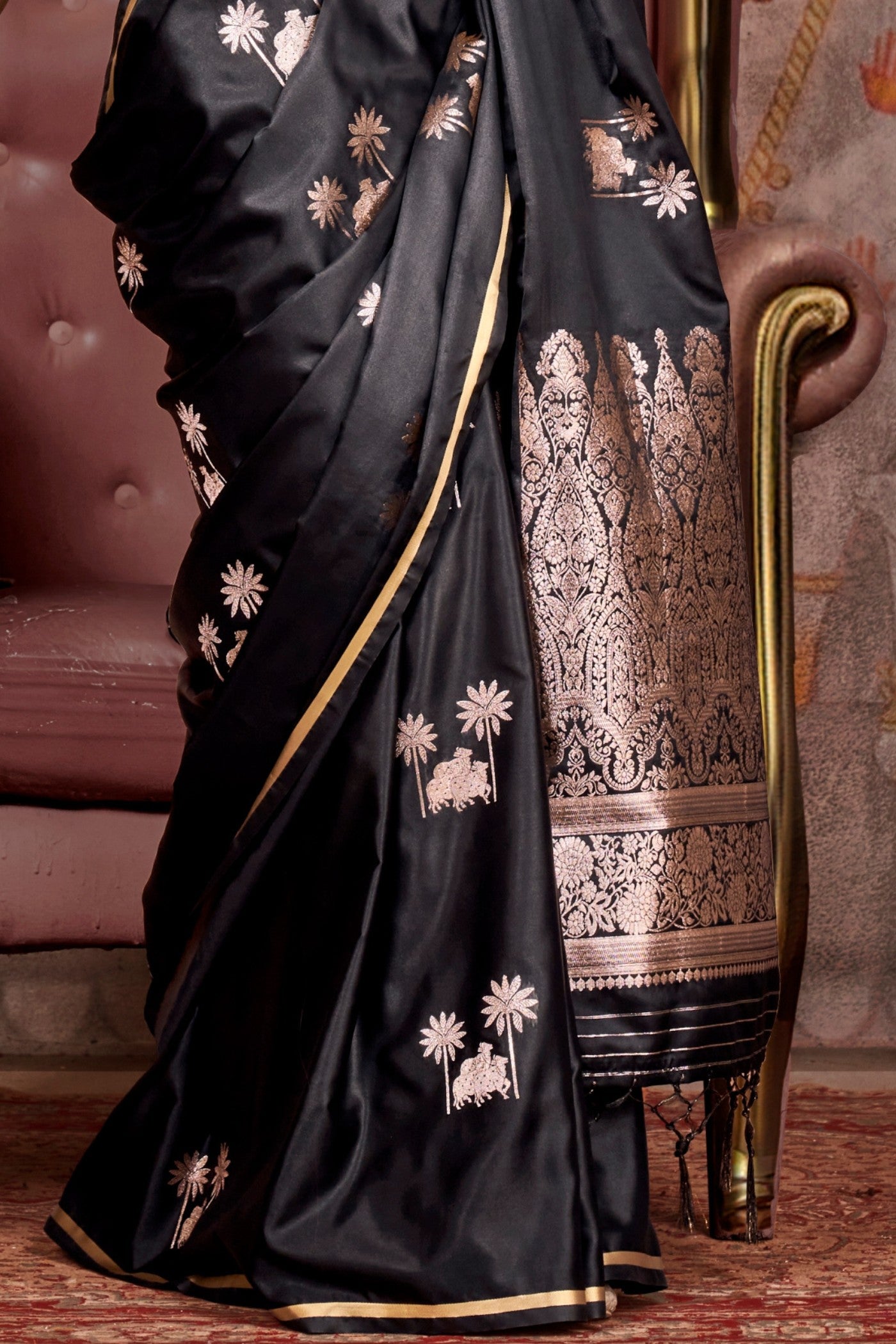 Buy MySilkLove Tuna Black Banarasi Pichwai Satin Saree Online