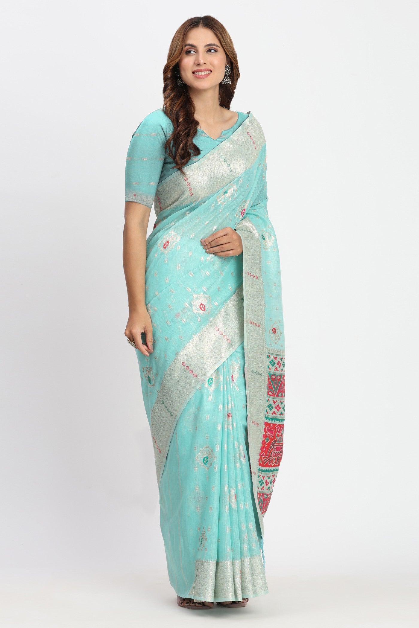 Buy MySilkLove Oeean Blue Woven Linen Cotton Saree Online