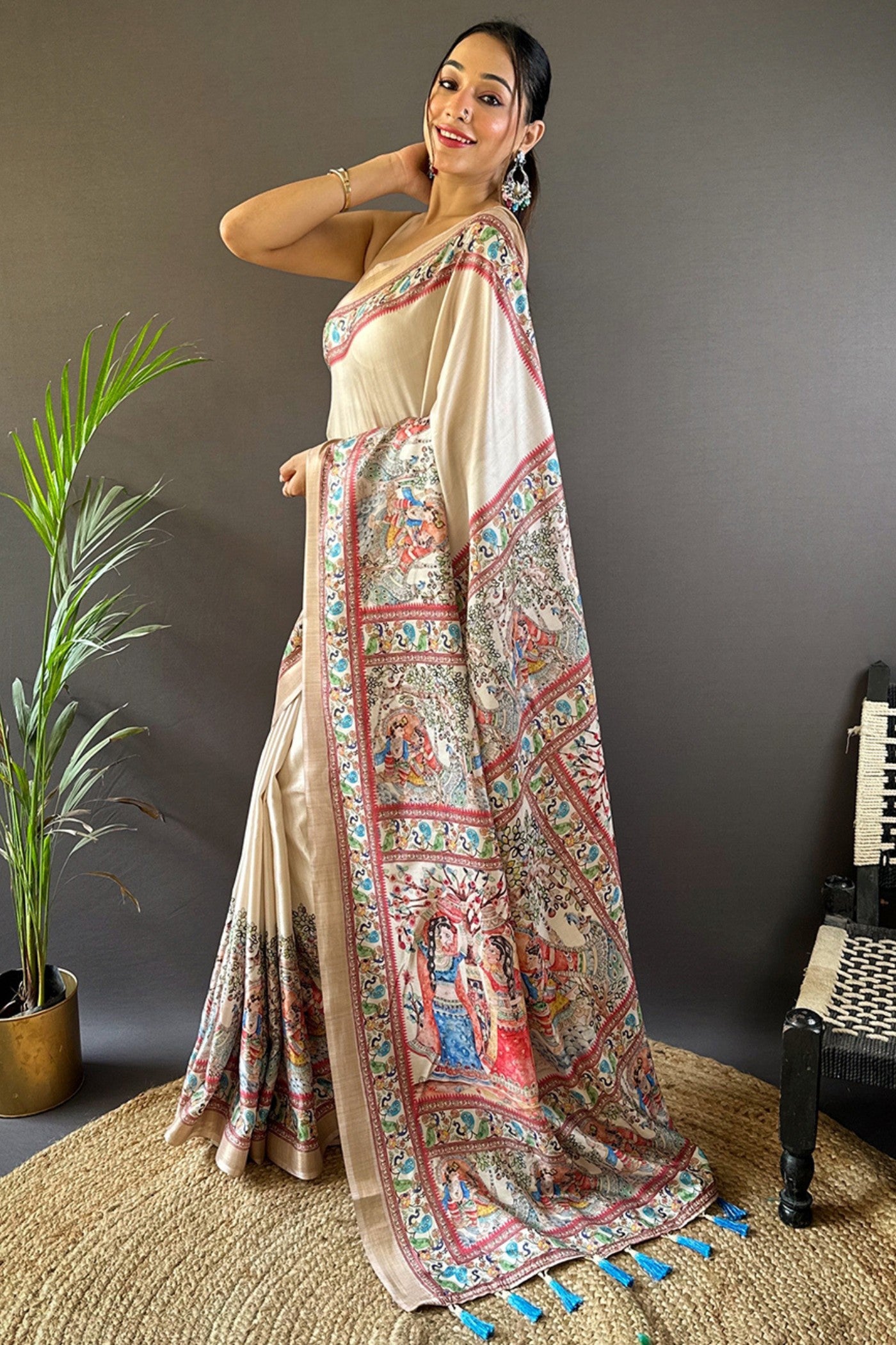 Buy MySilkLove Spanish Cream Madhubani Printed Tussar Silk Saree Online