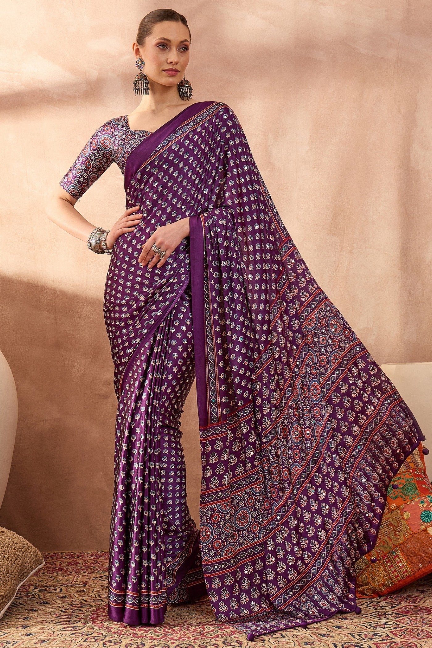 Buy MySilkLove Fuchsia Purple Modal Ajrakh Satin Printed Silk Saree Online