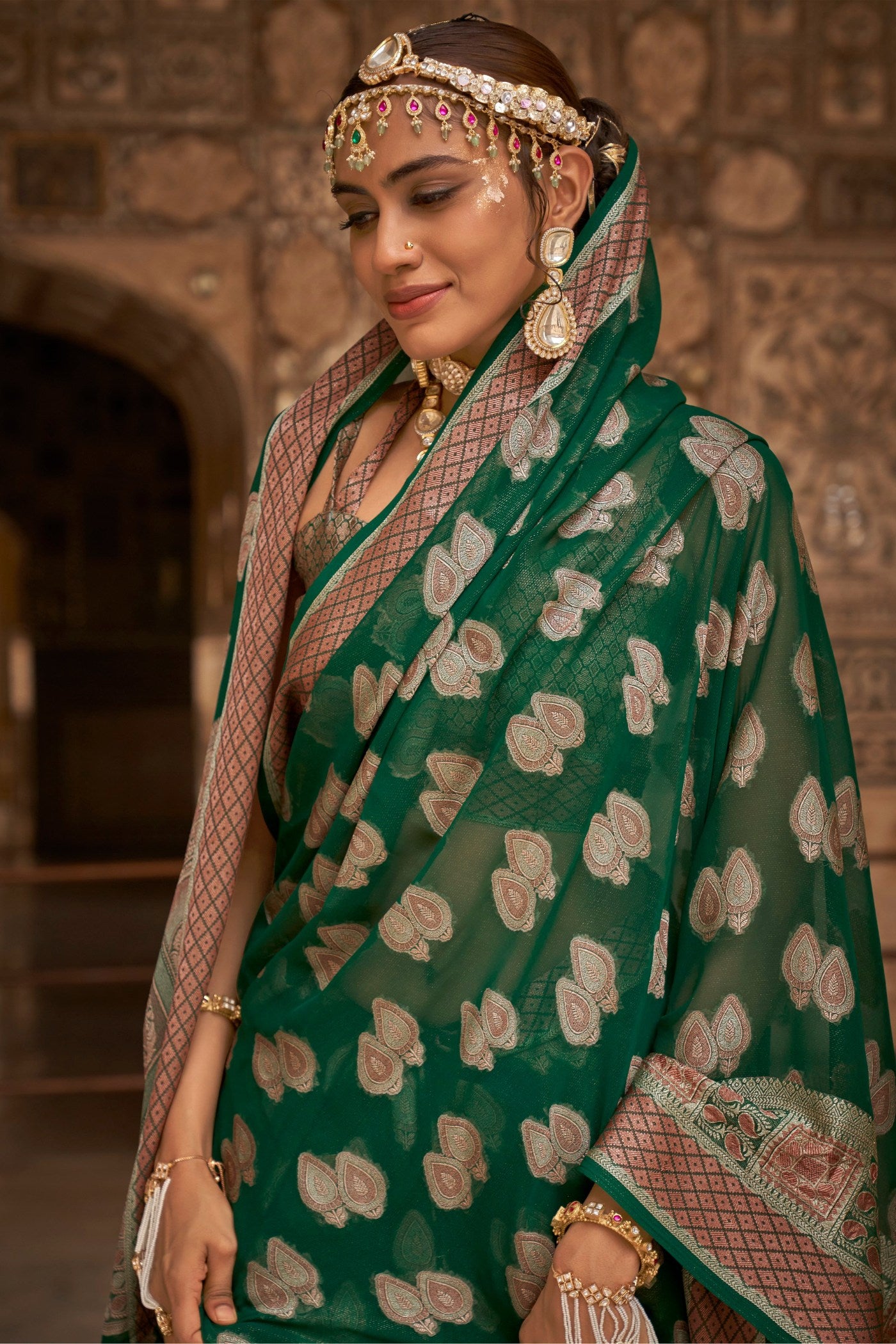 Buy MySilkLove Leaves Green Zari Woven Georgette Saree Online