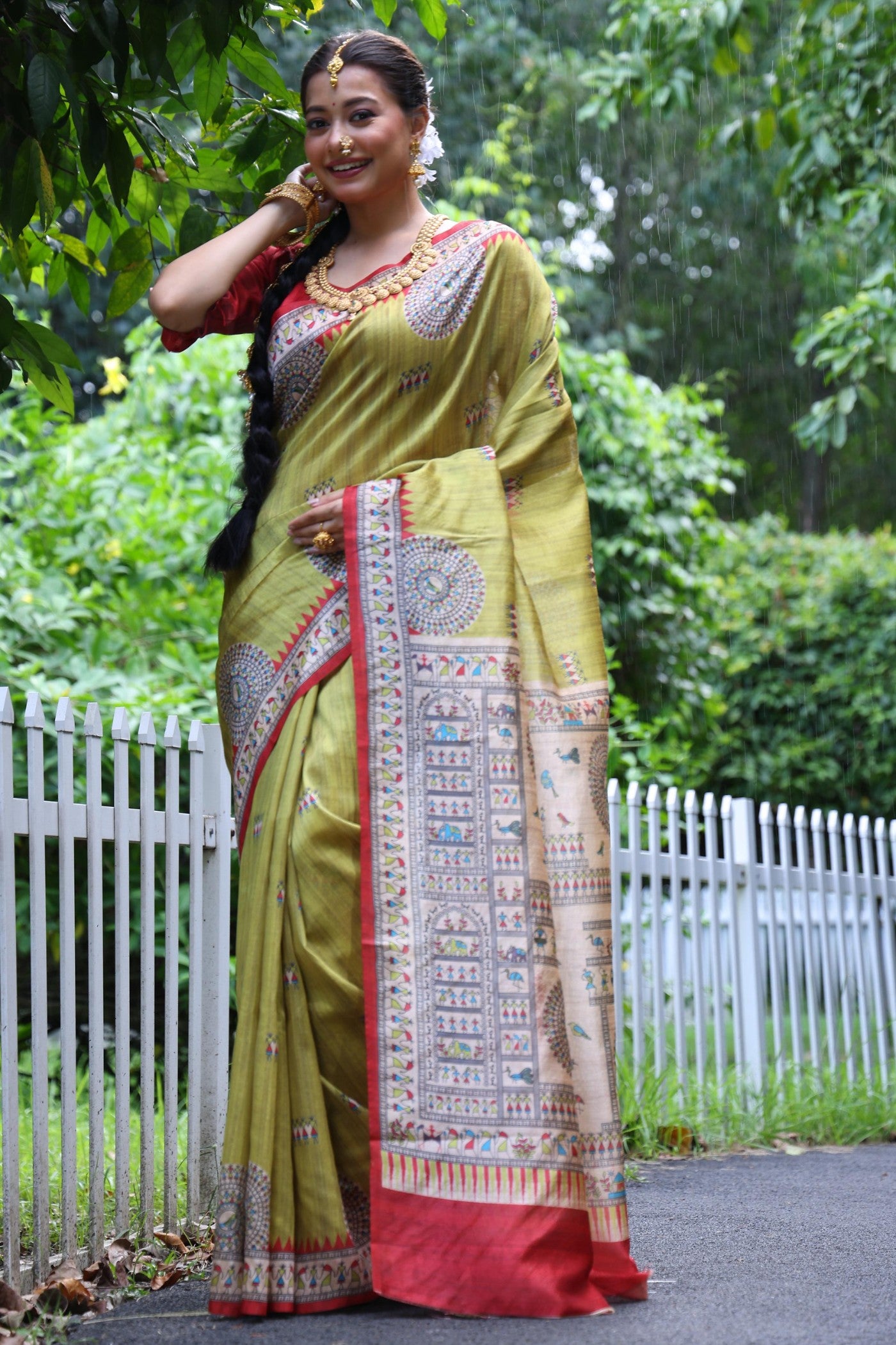 Buy MySilkLove Light Green Madhubani Tussar Printed Silk Saree Online