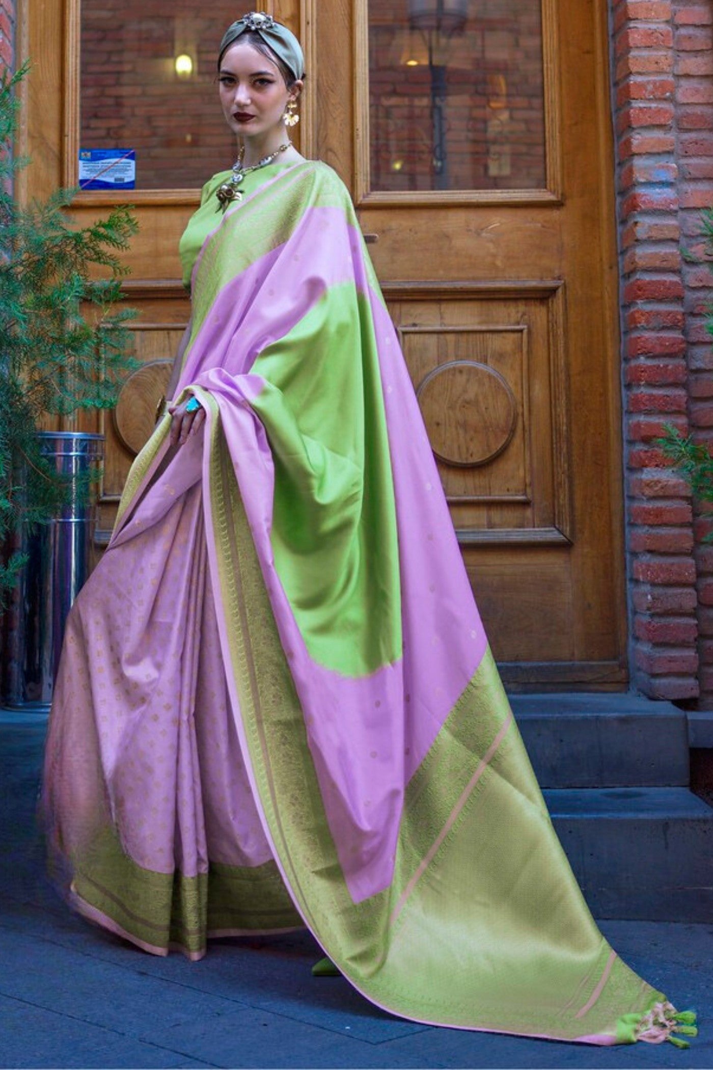 Buy MySilkLove Lavender and Green Banarasi Handloom Saree Online