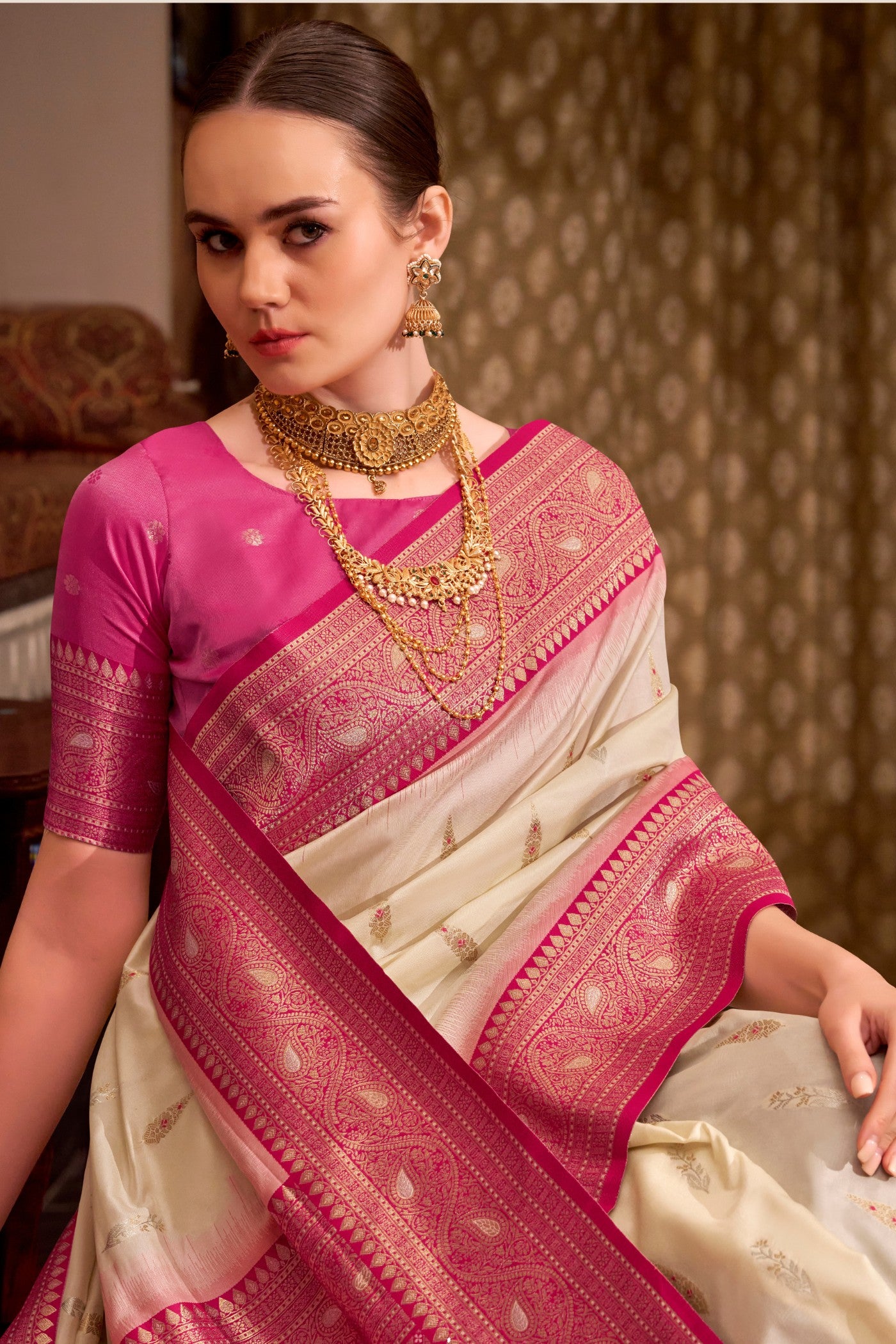 MySilkLove Ivory Cream Woven Banarsi Saree