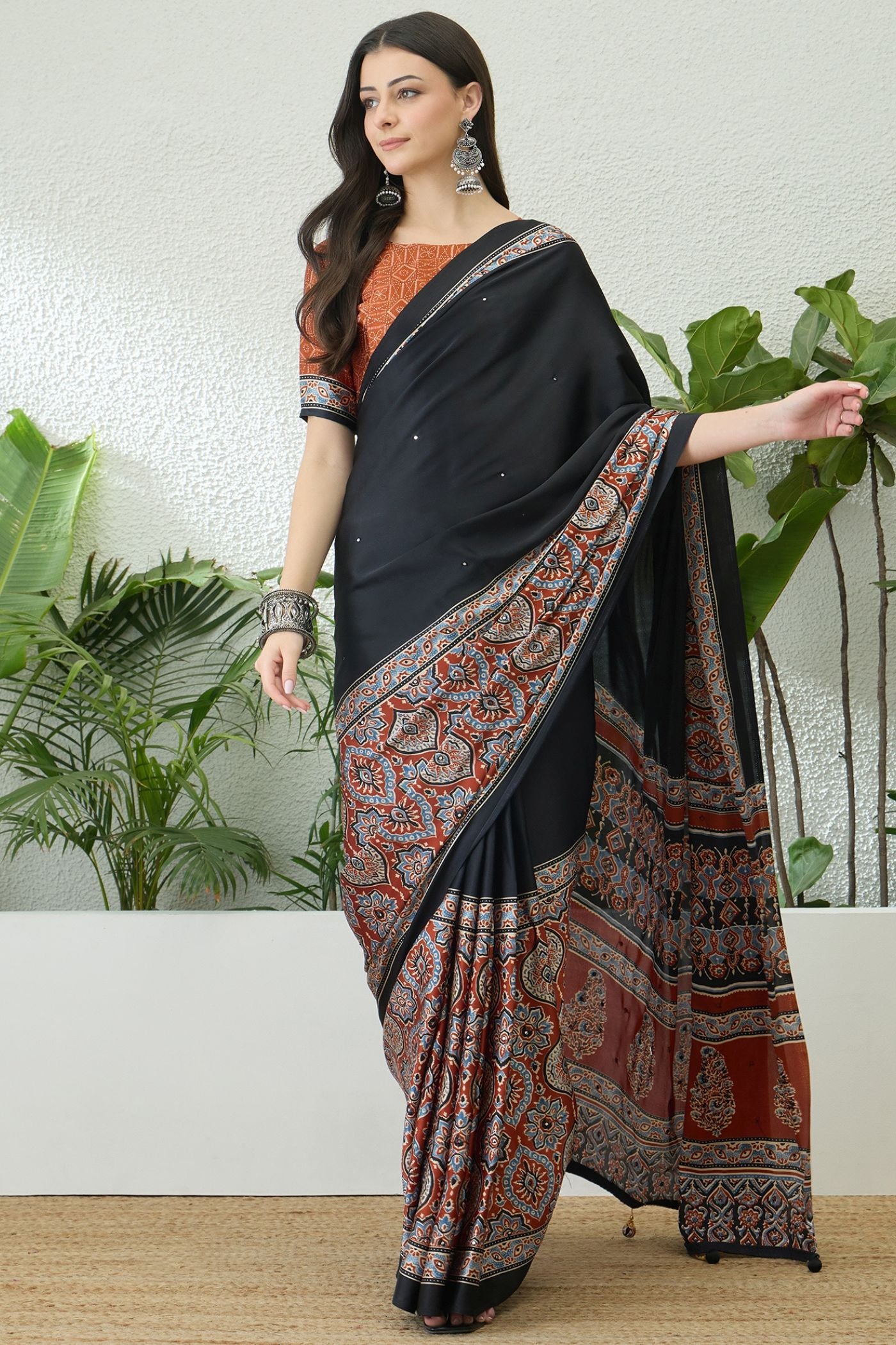 Buy MySilkLove Noir Black and Orange Modal Ajrakh Satin Printed Silk Saree Online