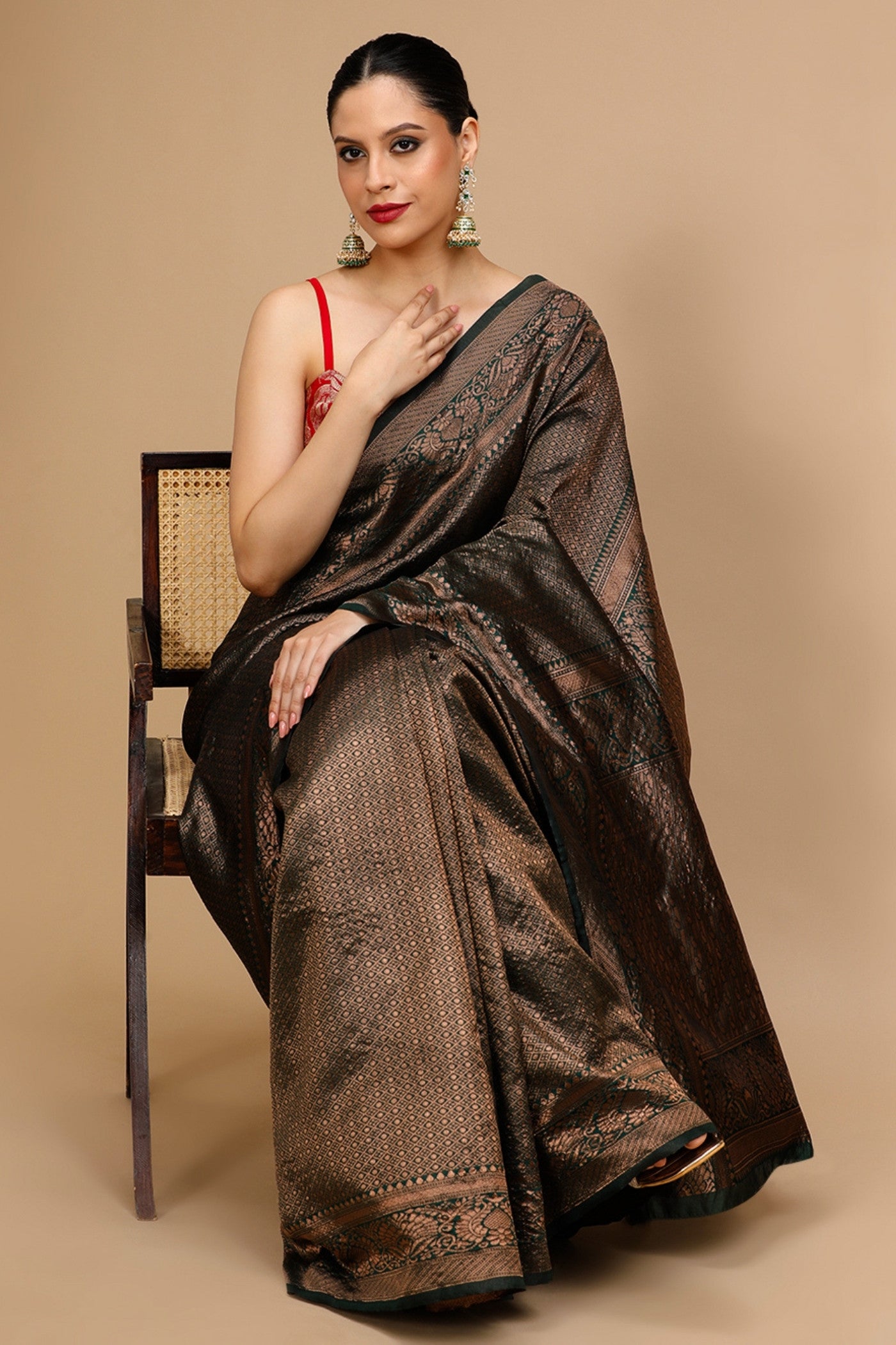 MySilkLove Pecan Brown Woven Jacquard Lichi Silk Saree