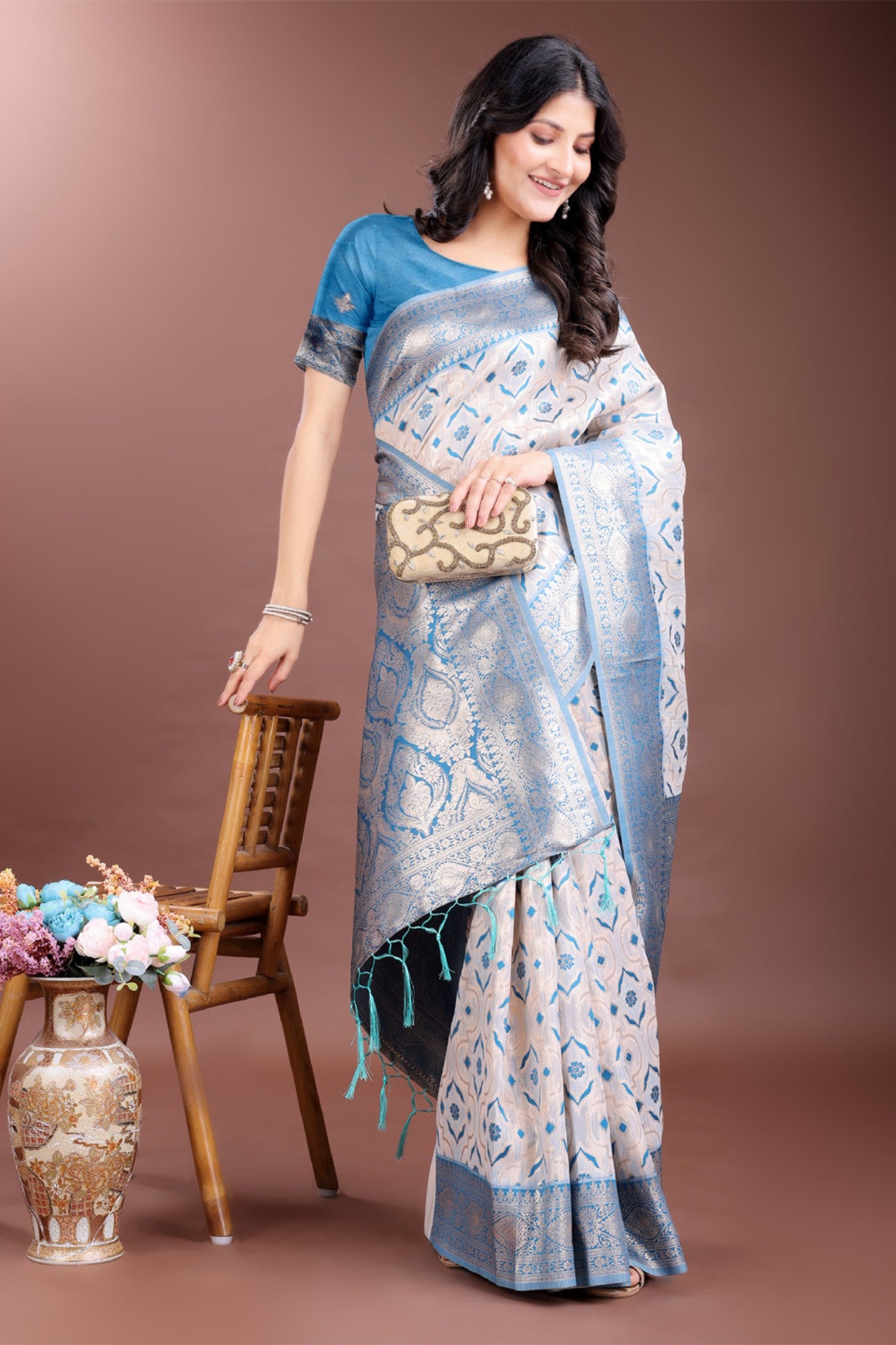 MySilkLove Steel Blue and White Linen Cotton Saree