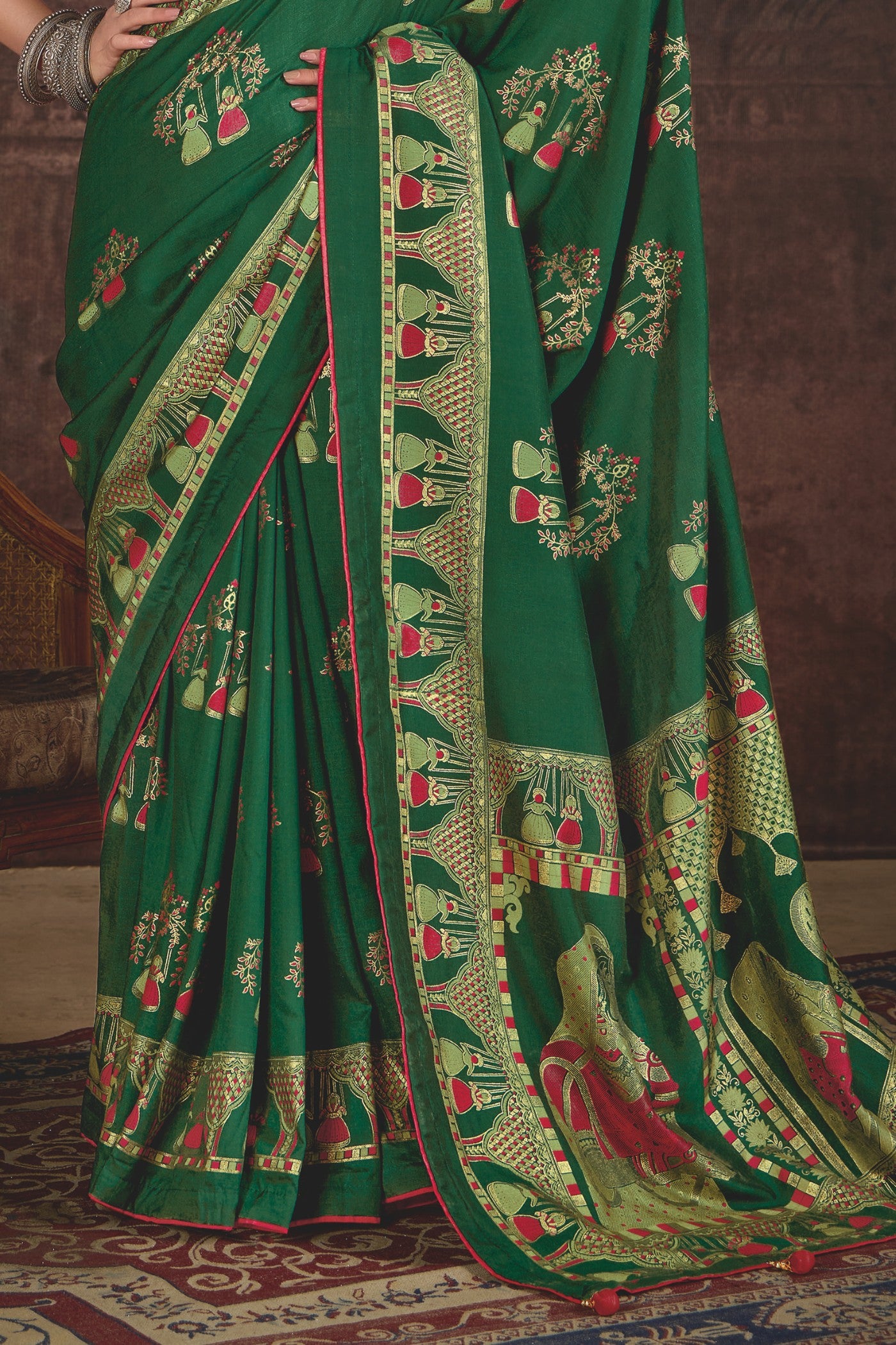 Buy MySilkLove Dark Leaf Green Tussar Rajwadi Printed Silk Saree Online