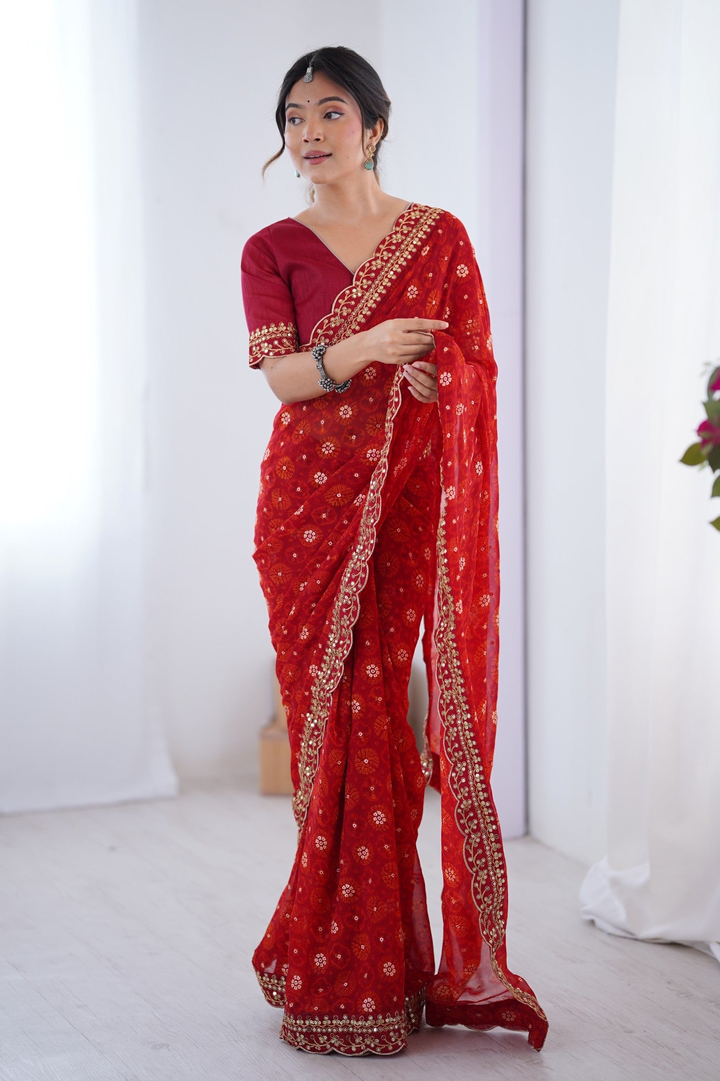 Buy MySilkLove Rose Red Embroidery Georgette saree Online