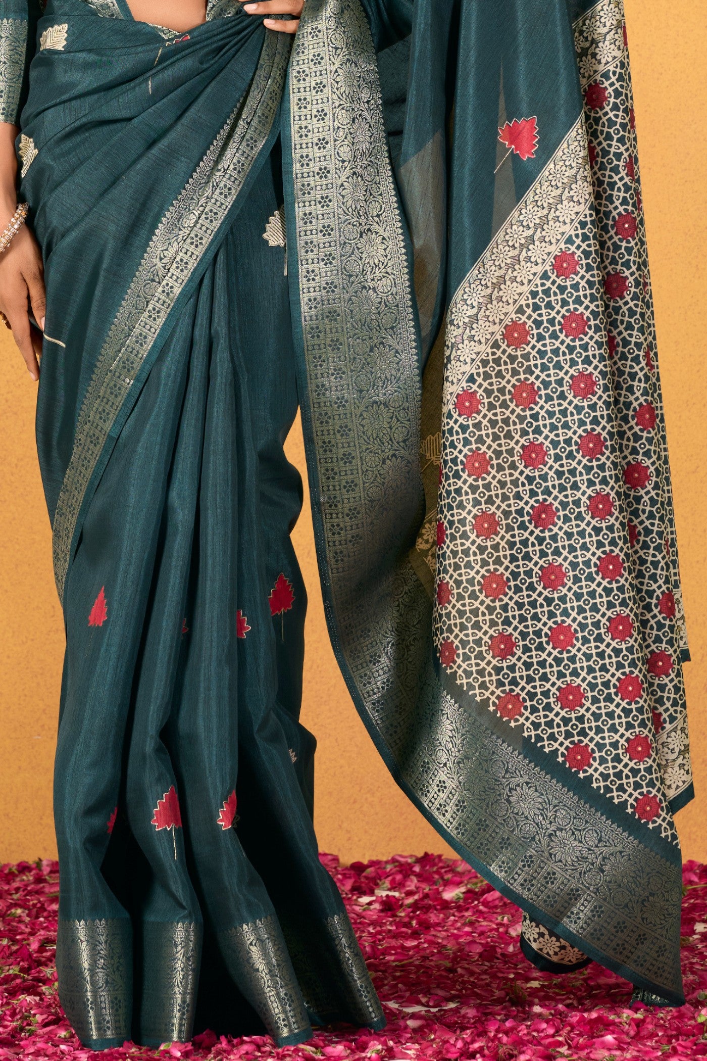 Buy MySilkLove Forest Green Woven Dola Silk Saree Online