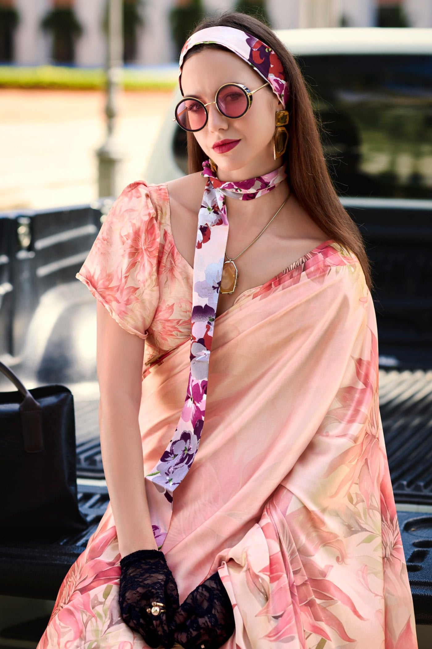 Buy MySilkLove Zinnwaldite Pink Printed Satin Crepe Silk Saree Online