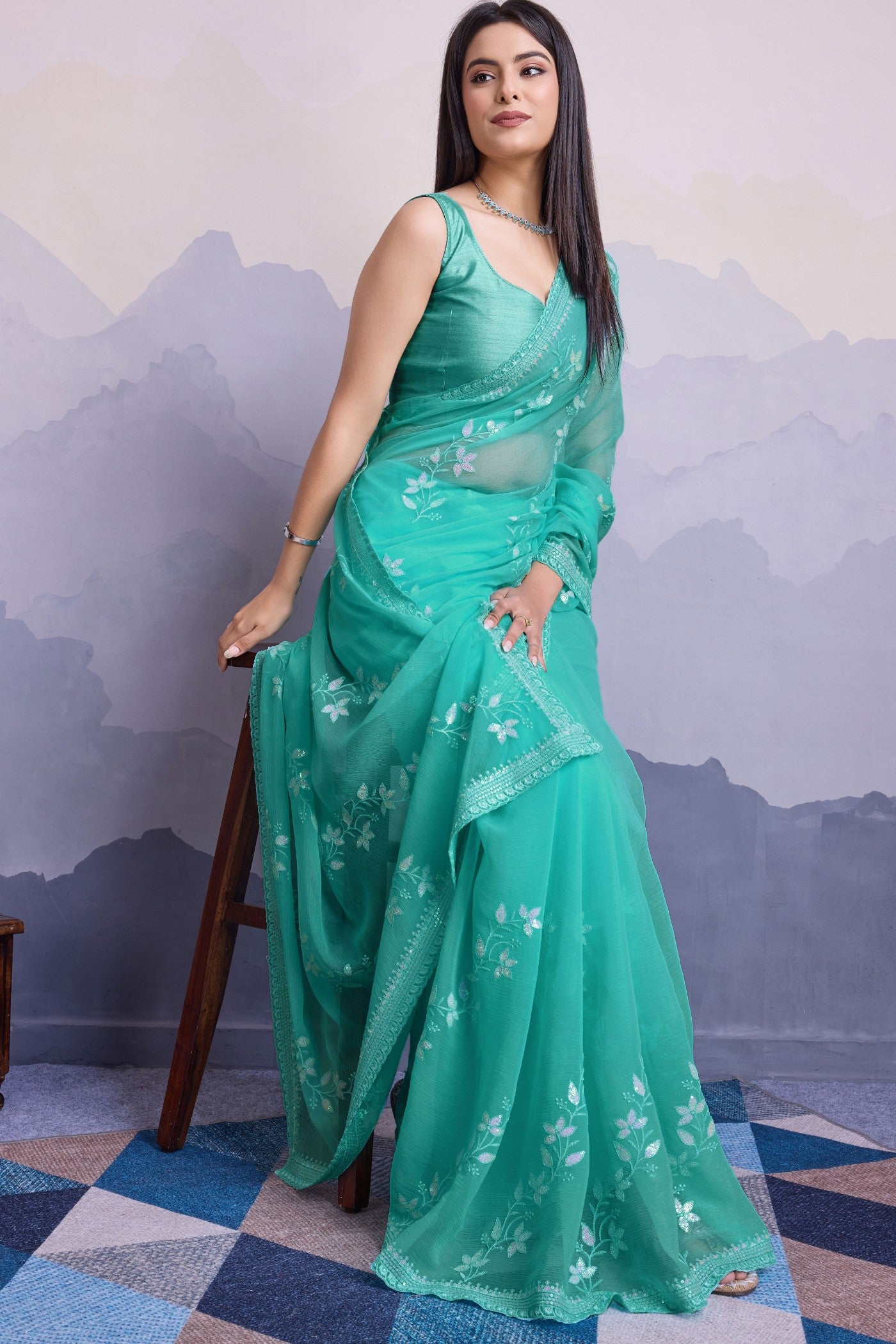 Buy MySilkLove Fancy Green Embroidered Designer Chiffon Saree Online