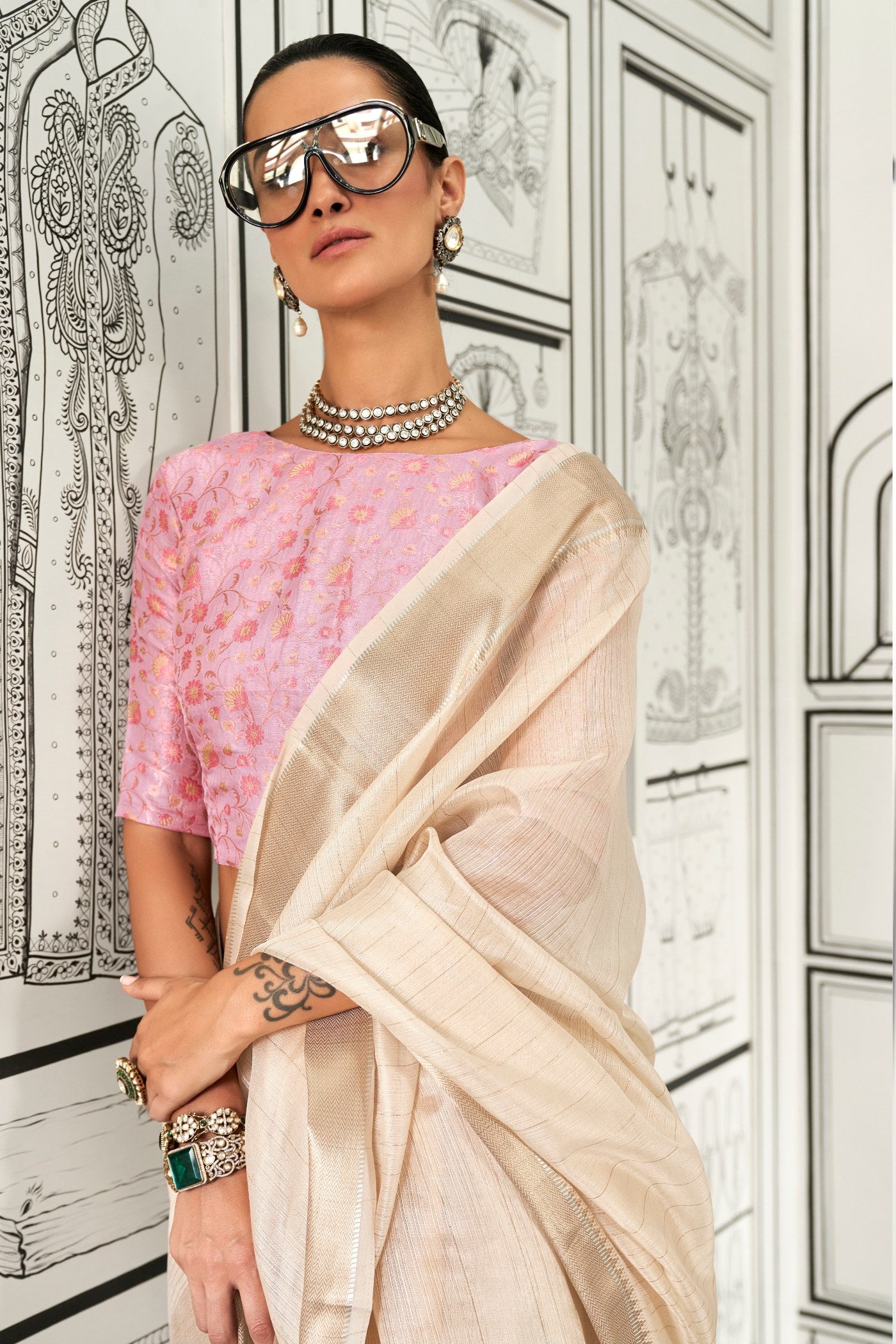 Buy MySilkLove Almond Cream Chiffon Handloom Saree Online