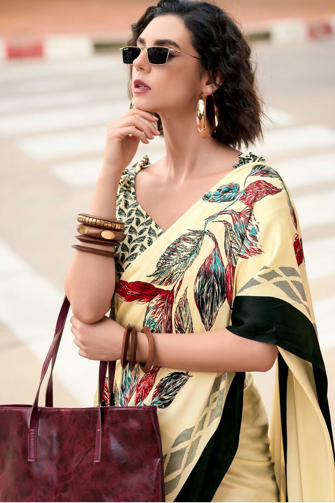 Buy MySilkLove Bisque Cream Printed Satin Crepe Saree Online