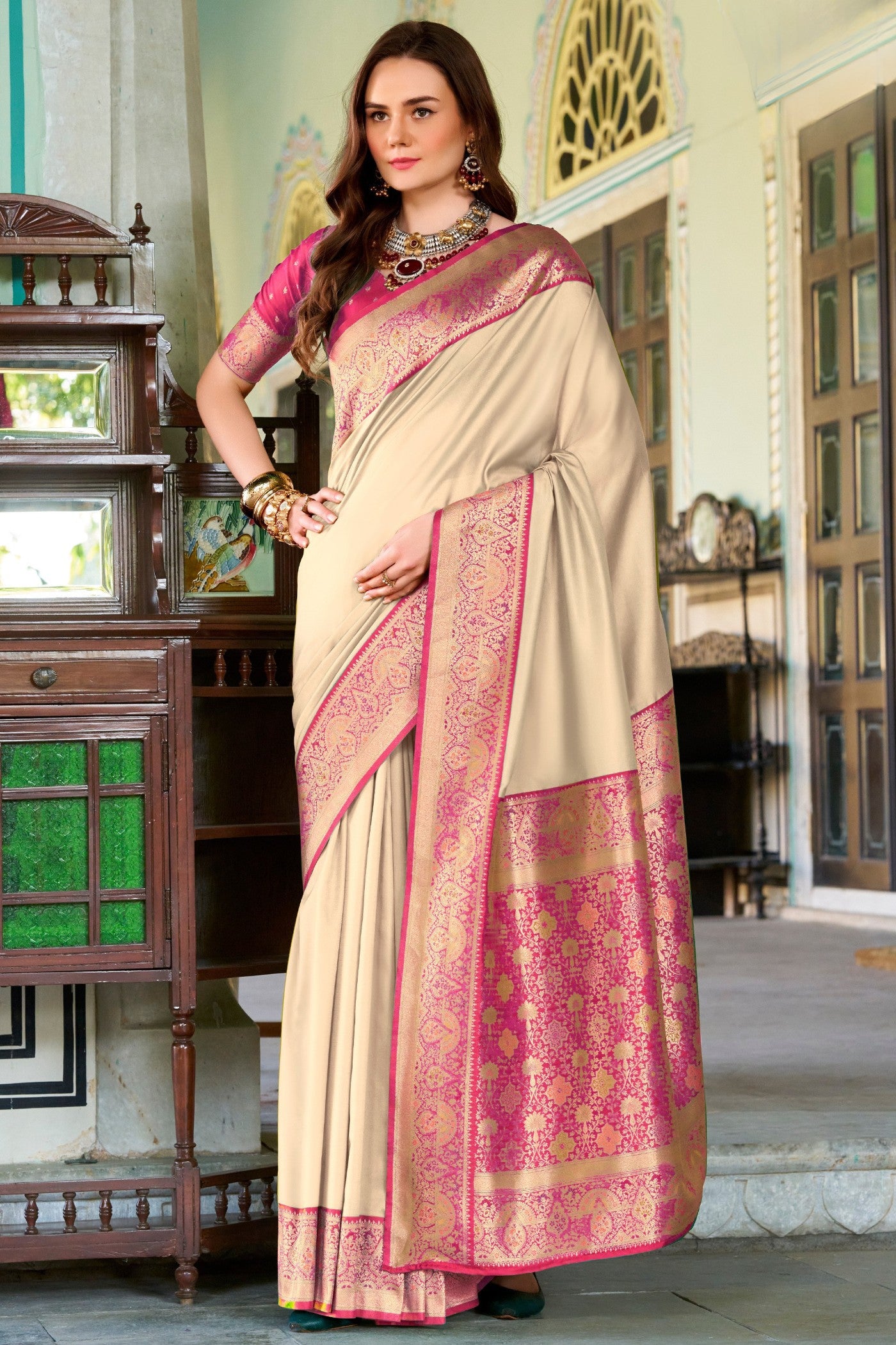 Buy MySilkLove Salt Cream Woven Banarasi Soft Silk Saree Online