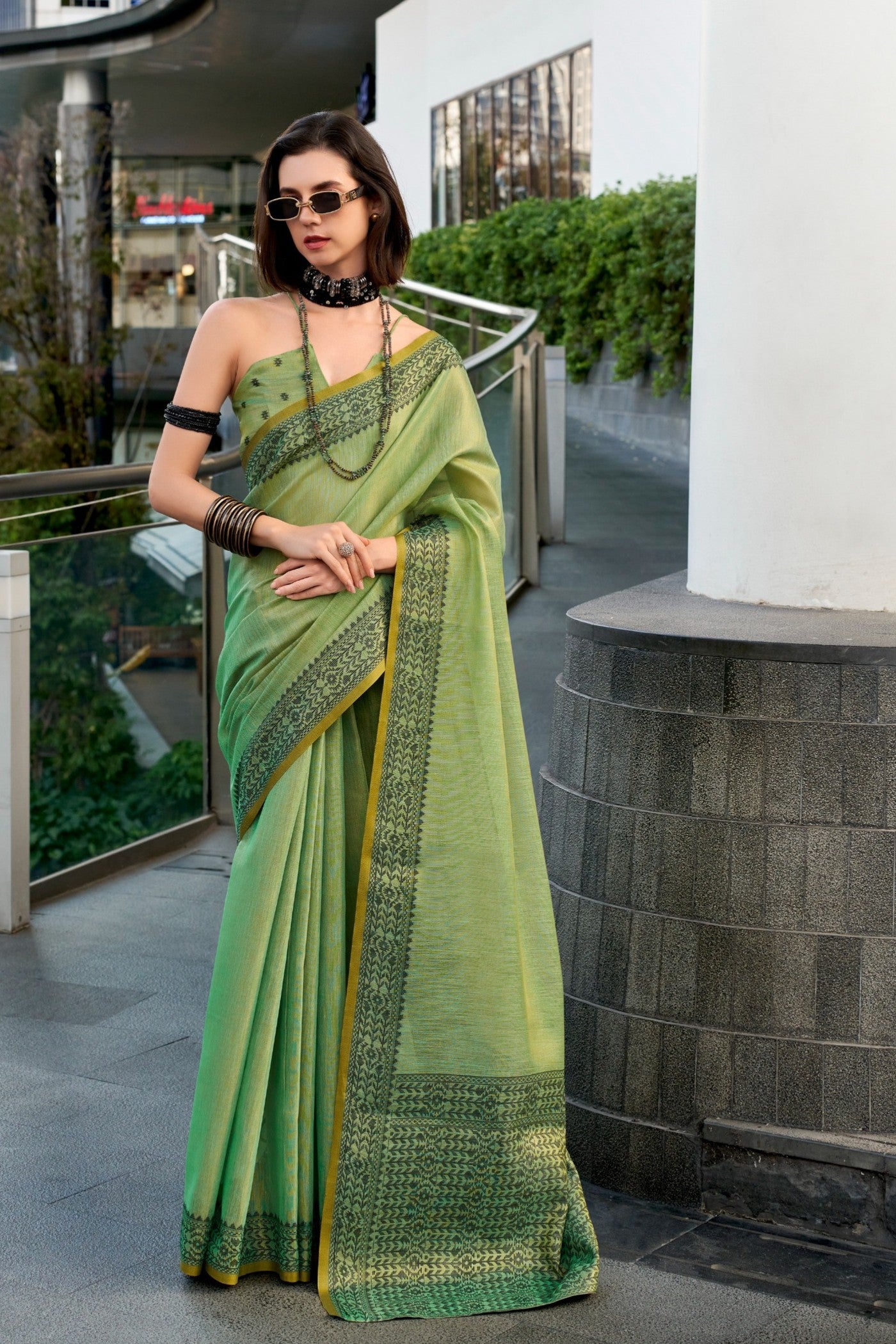 Buy MySilkLove Verdun Green Linen Tissue Silk Saree Online