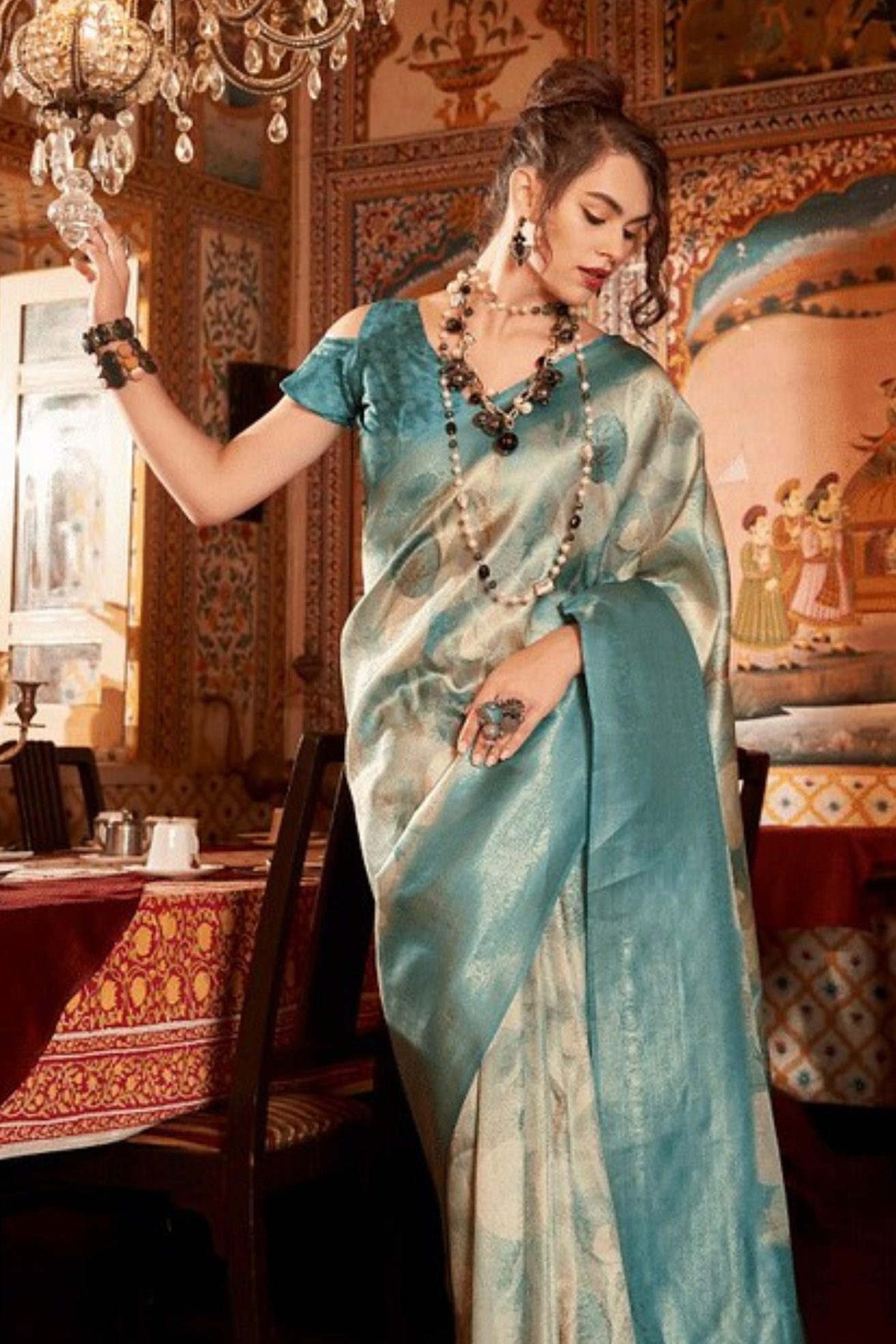 Buy MySilkLove Pewter Blue Banarasi Digital Printed Saree Online