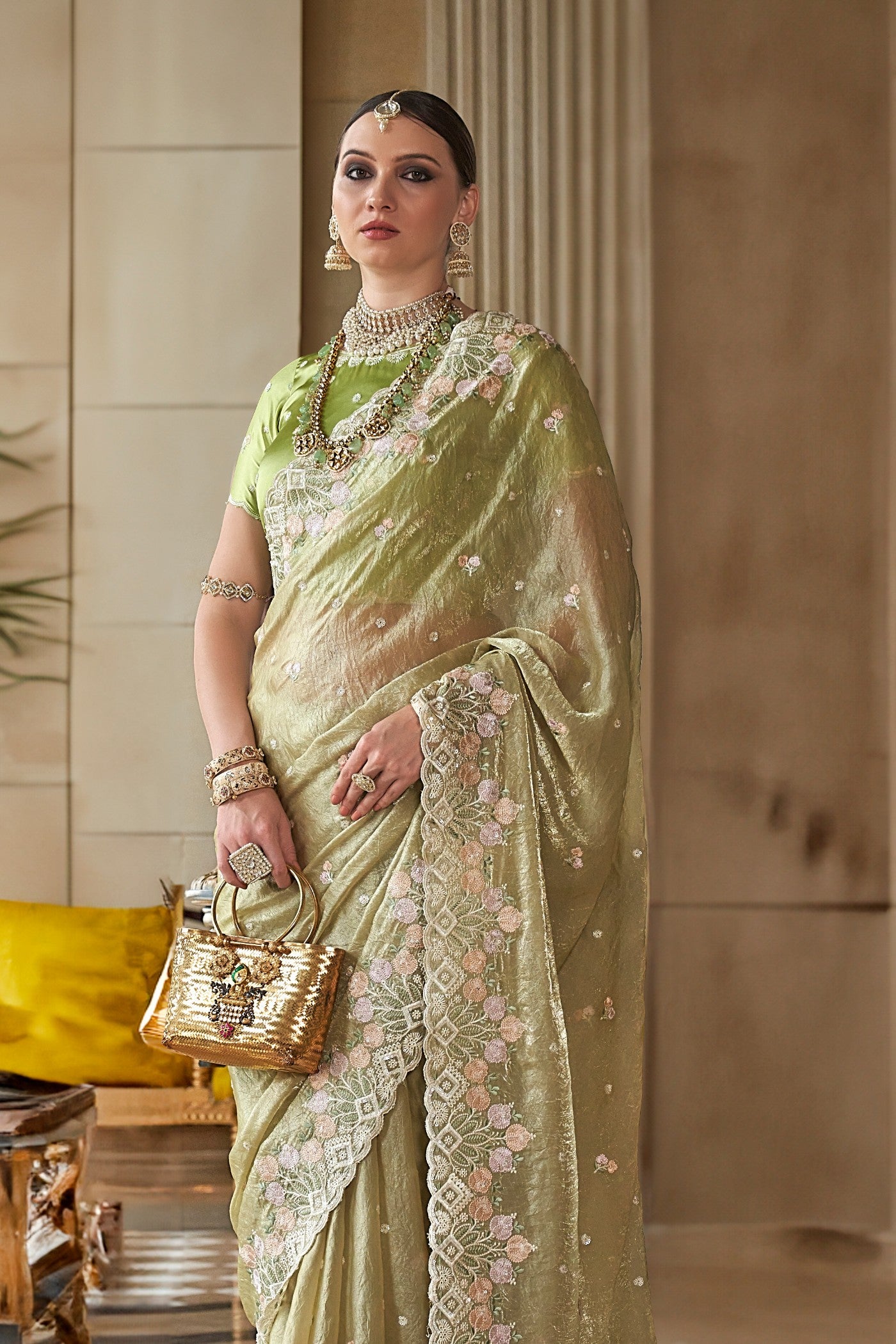 Buy MySilkLove Heathered Green Tissue Designer Saree Online