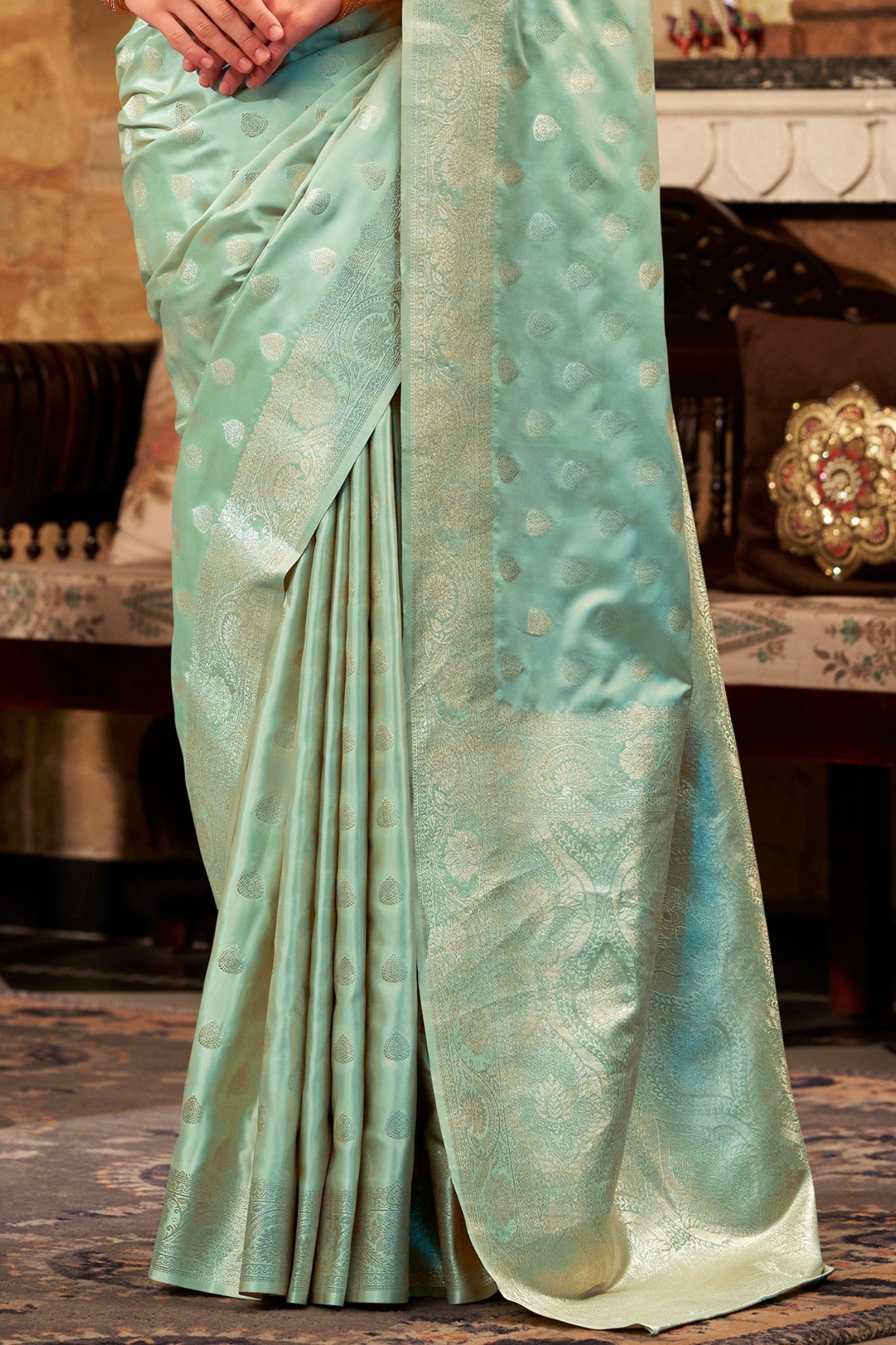 Buy MySilkLove Artichoke Green Woven Banarasi Satin Soft Silk Saree Online