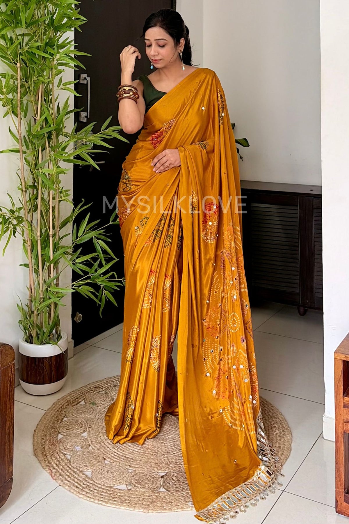 Buy MySilkLove Antique Yellow Satin Printed Bandhani Mirror Work Saree — Buy Online | MySilkLove Online