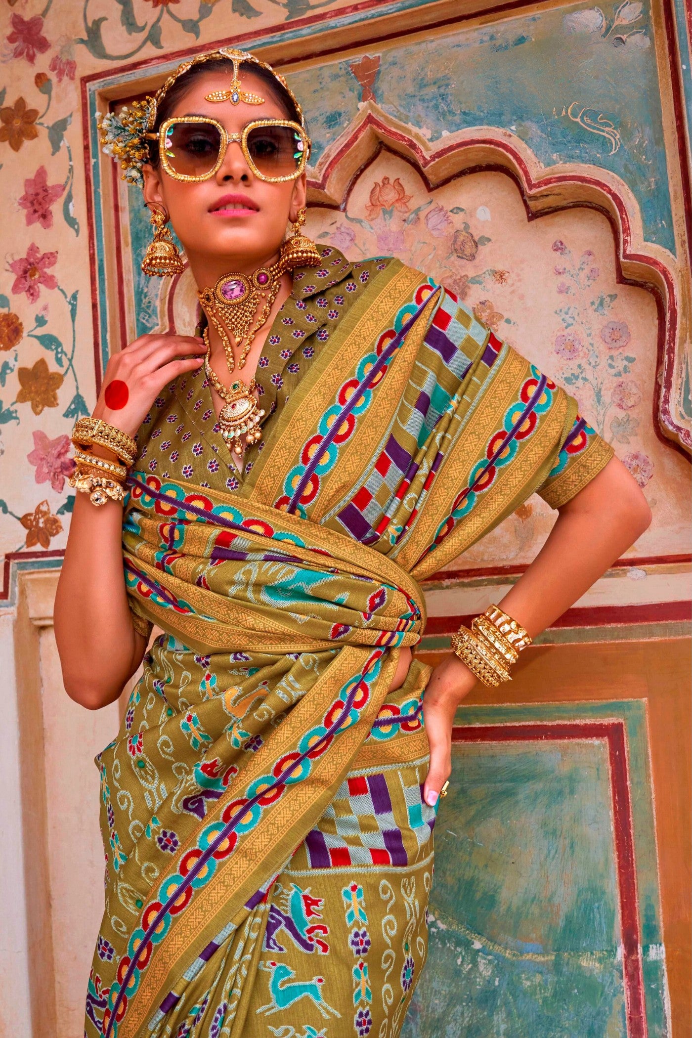 MySilkLove Luxor Gold Green Printed Patola Saree