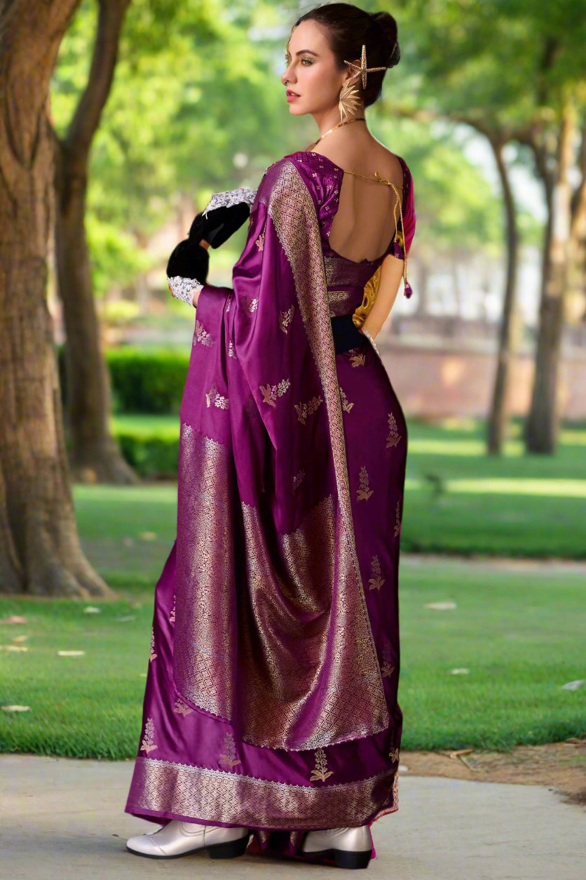 Buy MySilkLove Rasian Purple Handloom Satin Banarasi Saree Online