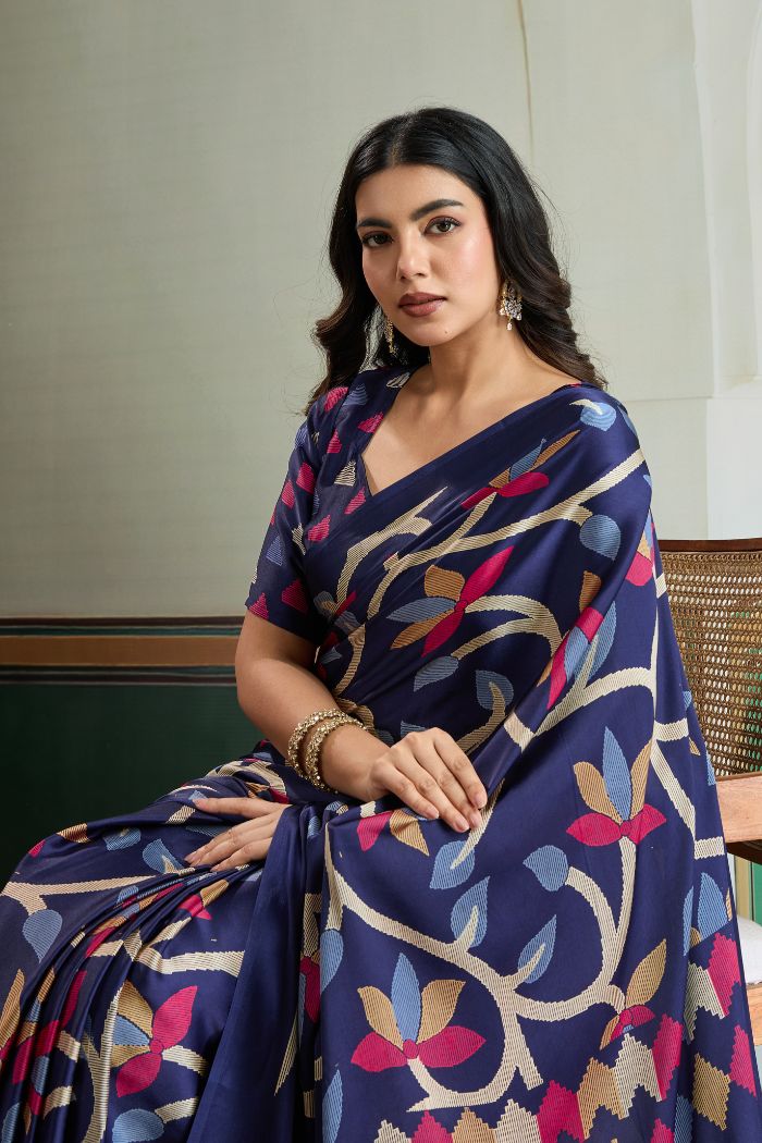 MySilkLove Navy Blue Modal Ajrakh Printed Satin Silk Saree
