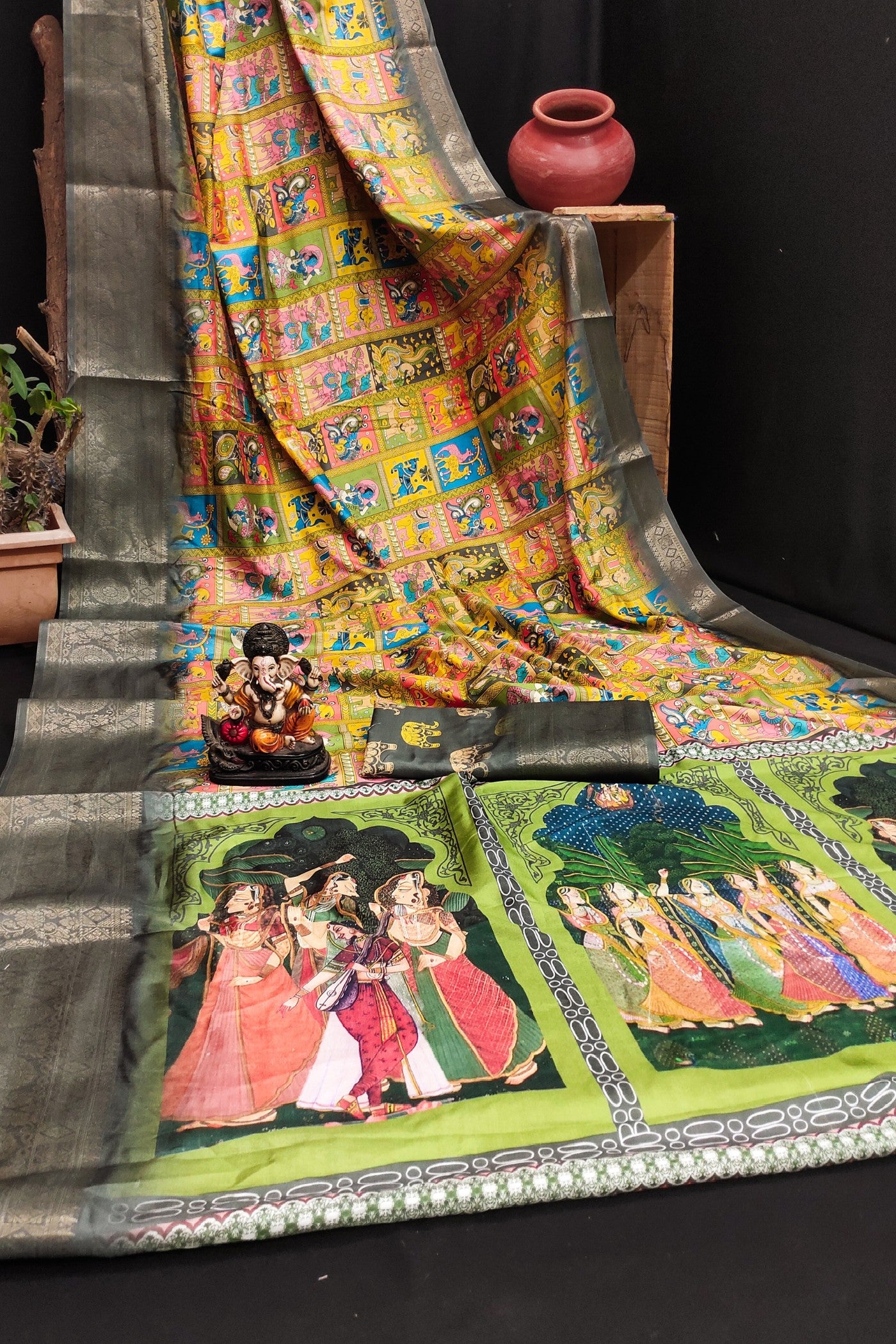 Buy MySilkLove Multicolor Green Digital Printed Kalamkari Saree Online