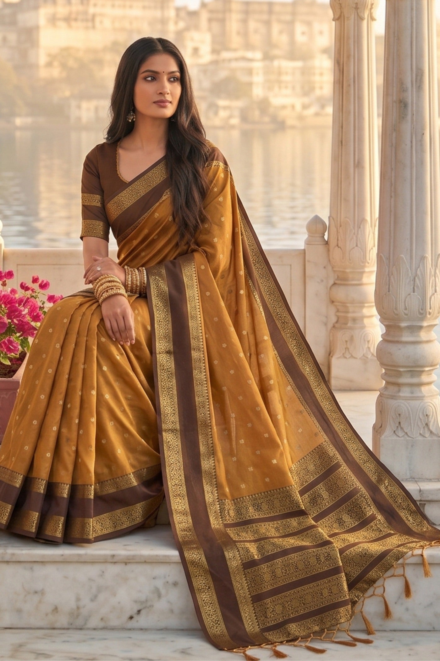Buy MySilkLove Gold Yellow Woven Banarasi Saree Online