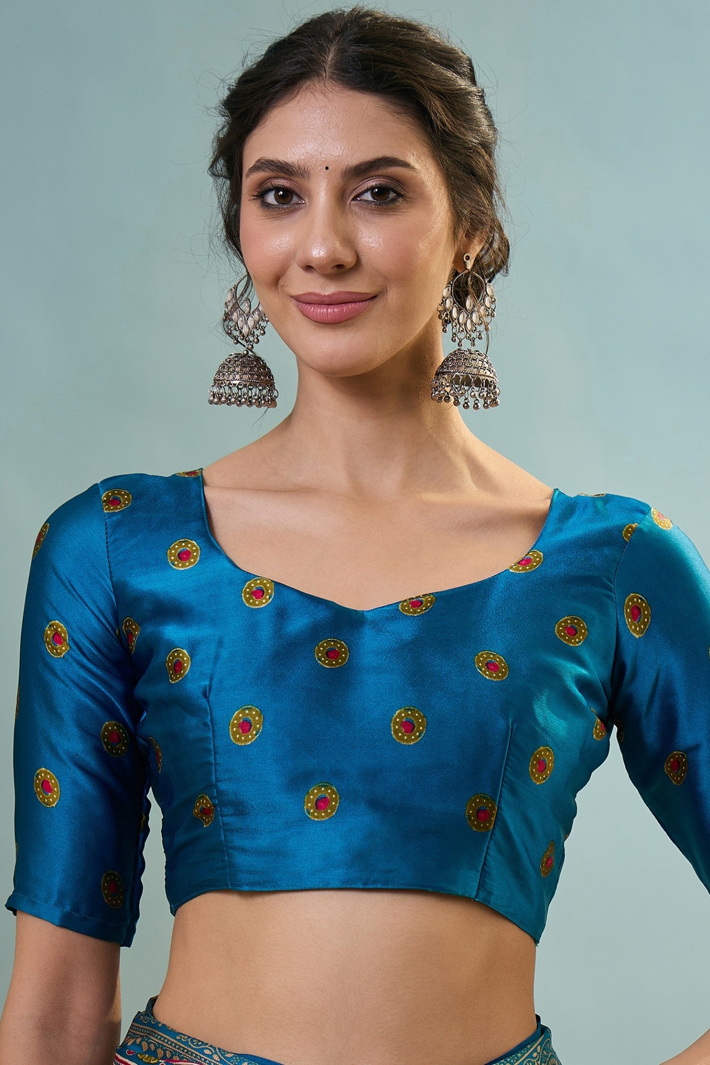 Buy MySilkLove Virella Blue Ajrakh Printed Satin Crepe Silk Saree Online