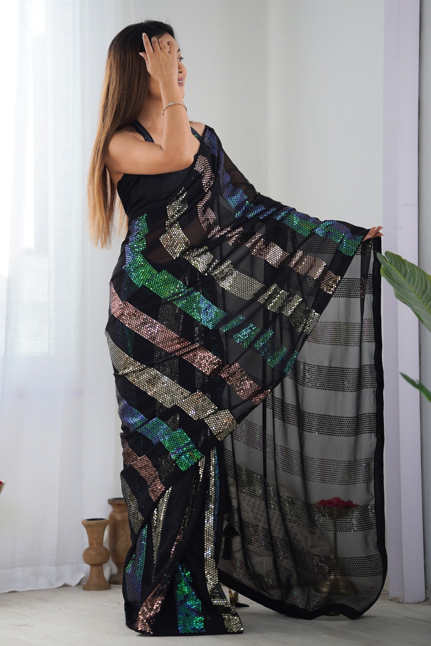 Buy MySilkLove Bitter Black Georgette Partywear Saree Online