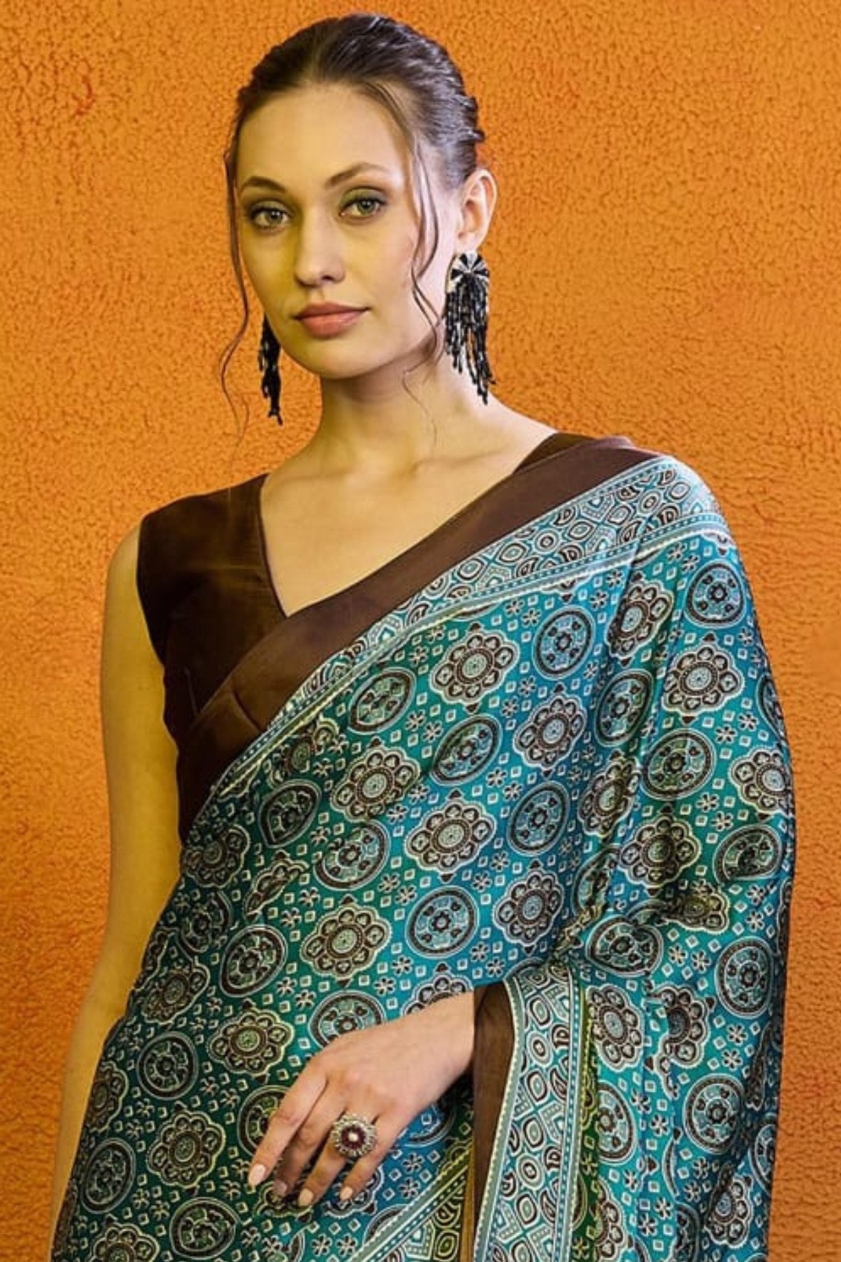 Buy MySilkLove Cutty Sark Blue Printed Ajrakh Satin Crepe Saree Online