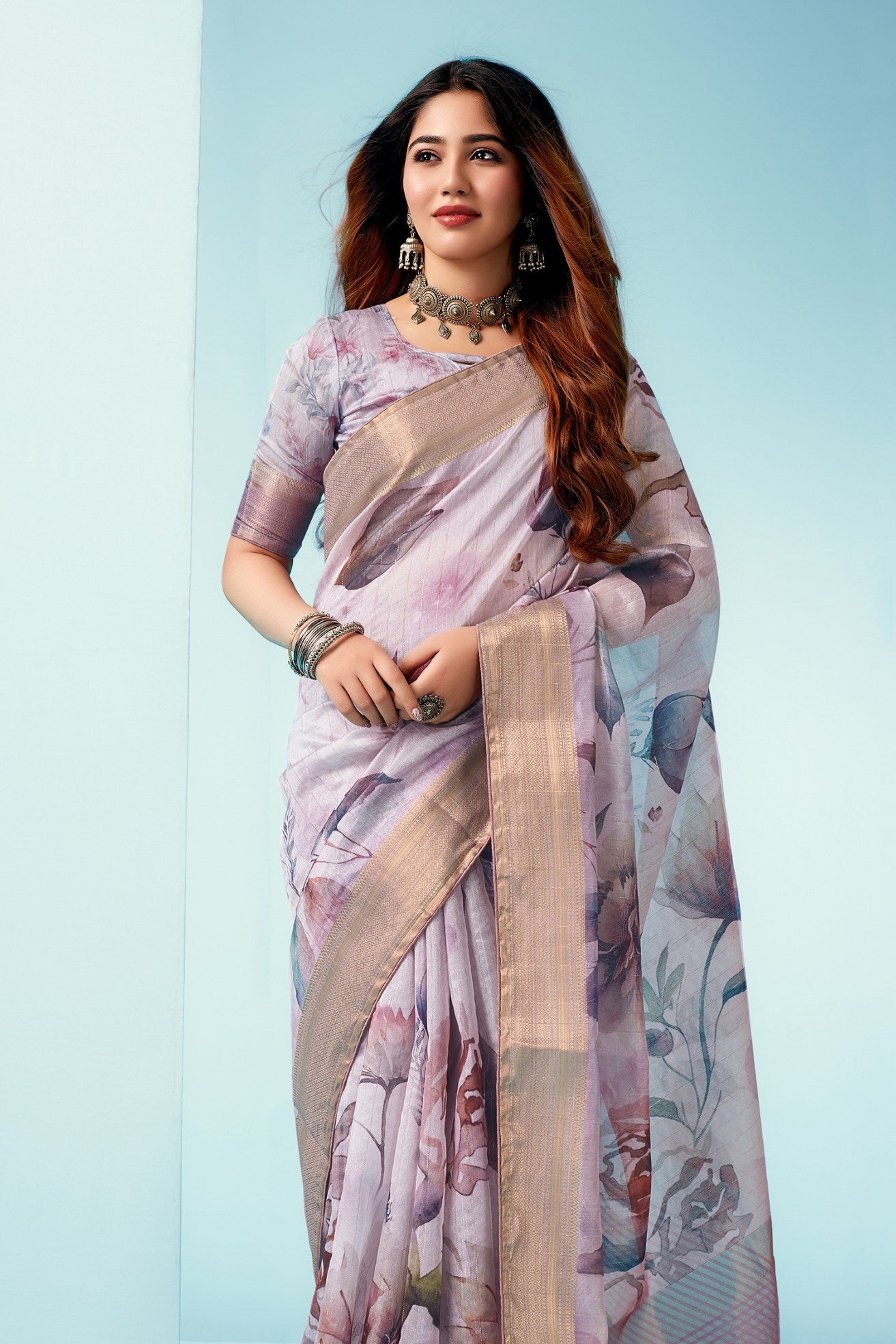 Buy MySilkLove Eggplant Purple Floral Linen Saree Online