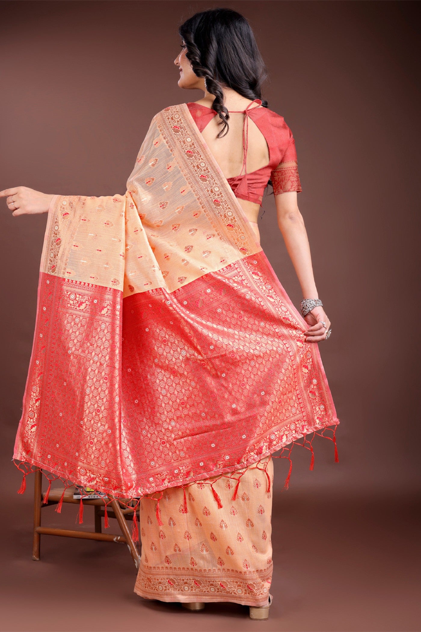 Buy MySilkLove Salmon Peach Linen Cotton Saree Online