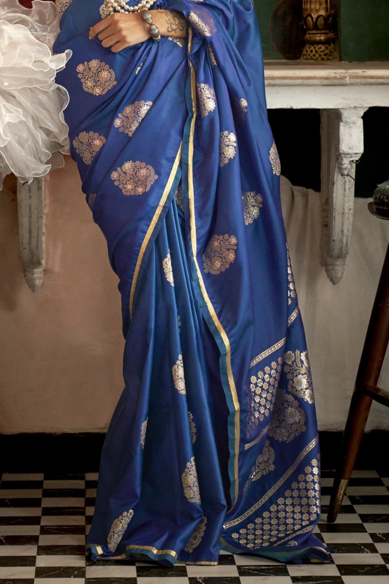 Buy MySilkLove Kashmir Blue Banarasi Handloom Satin Saree Online