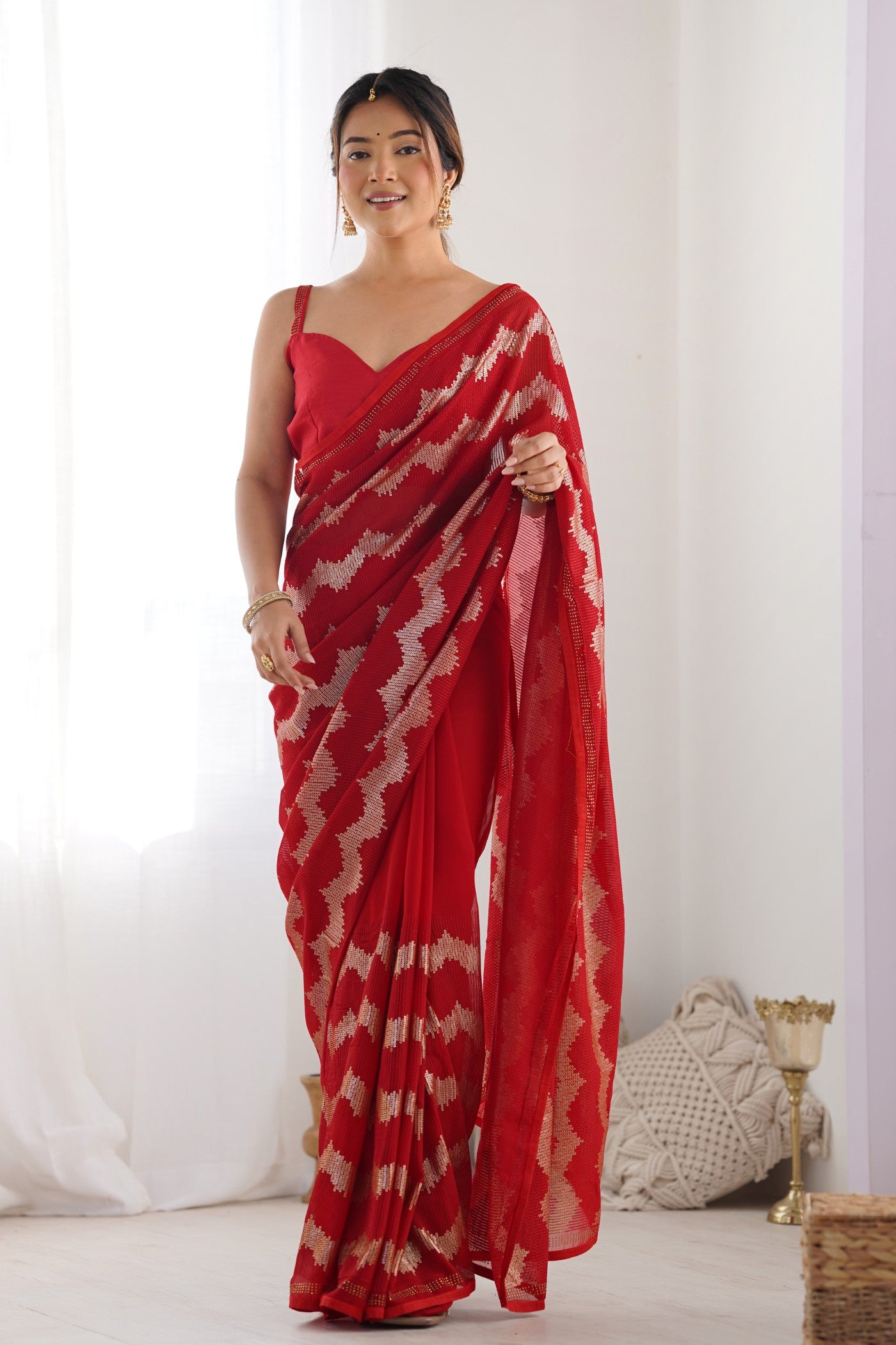 Buy MySilkLove Rose Red Embroidered Partywear Saree Online