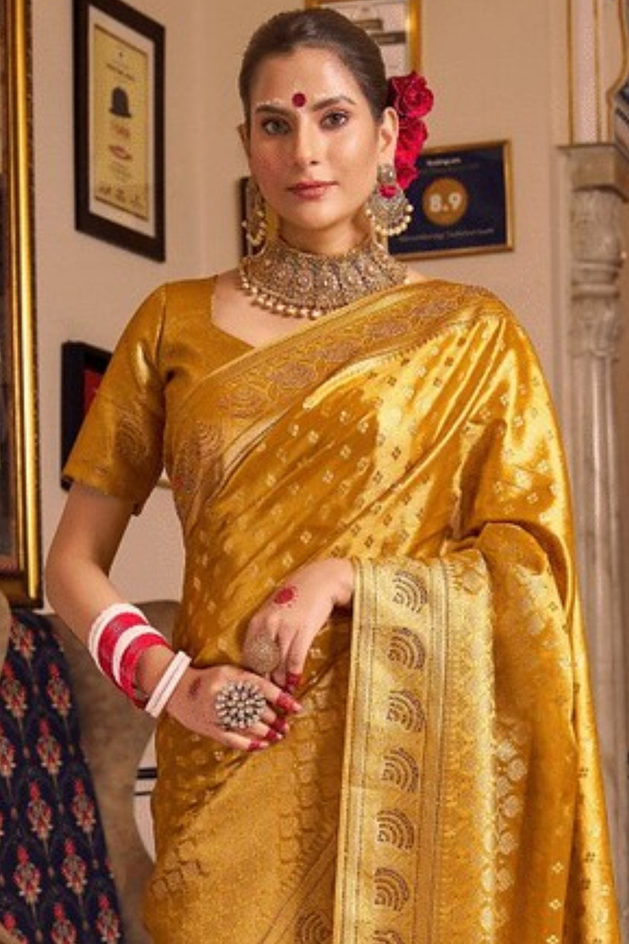 Buy MySilkLove Golden Yellow Zari Woven Banarasi Saree Online