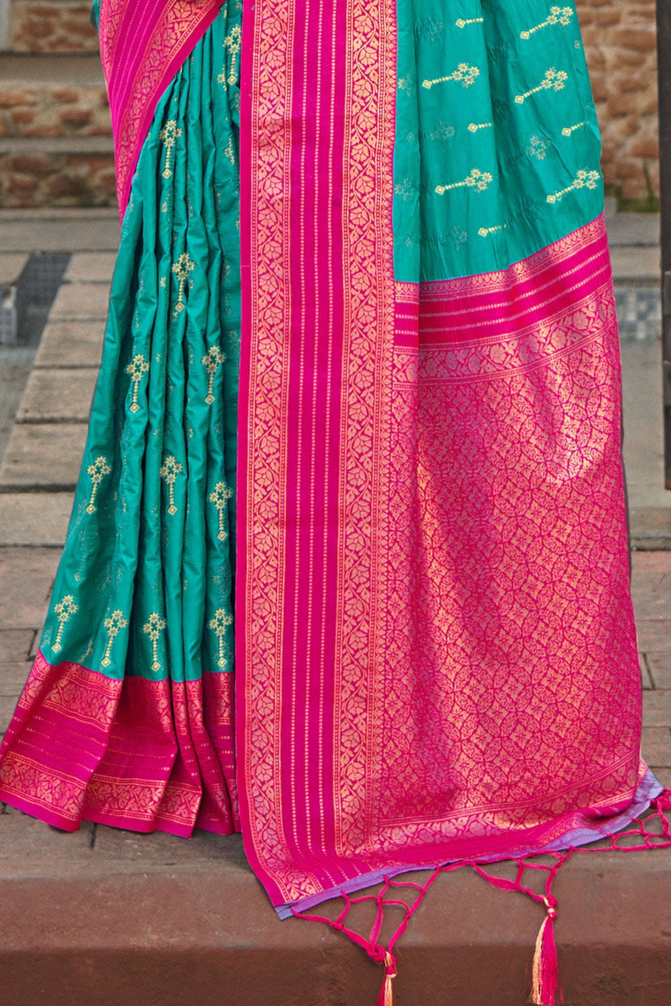 Buy MySilkLove Teal Blue and Pink Woven Banarasi Saree Online