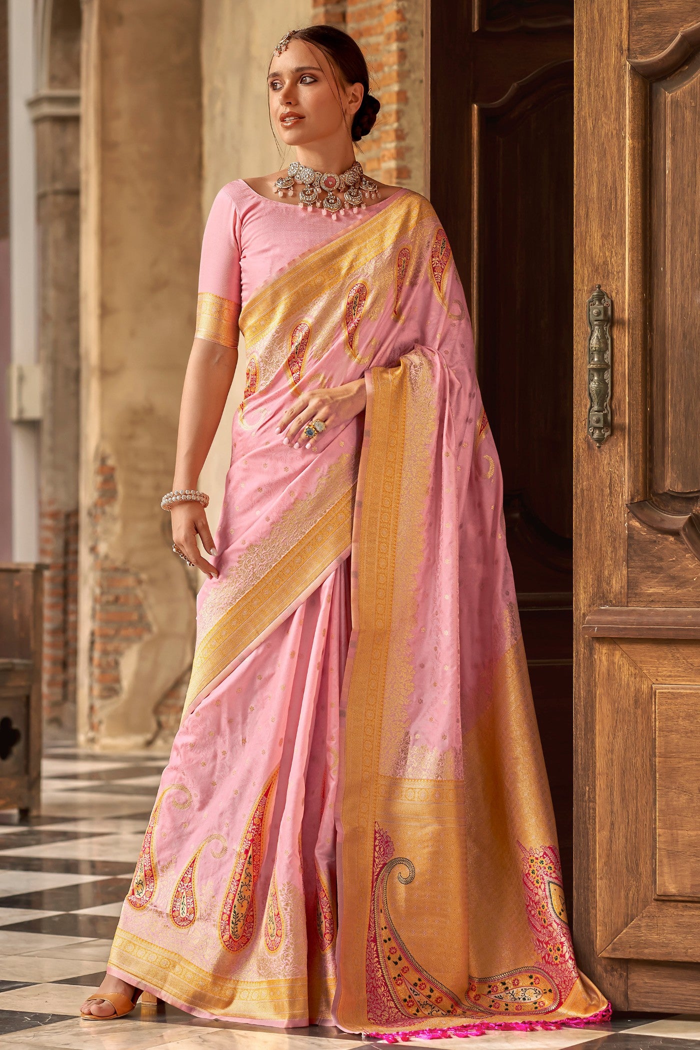 Buy MySilkLove Shilo Pink Banarasi Soft Silk Saree Online