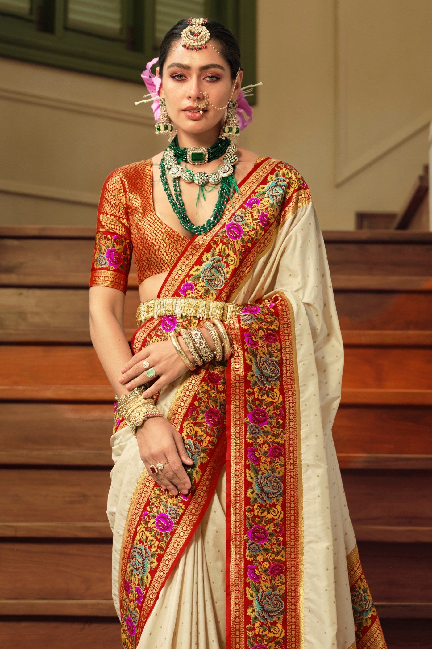 Buy MySilkLove Chamois Cream Printed Banarasi Saree Online