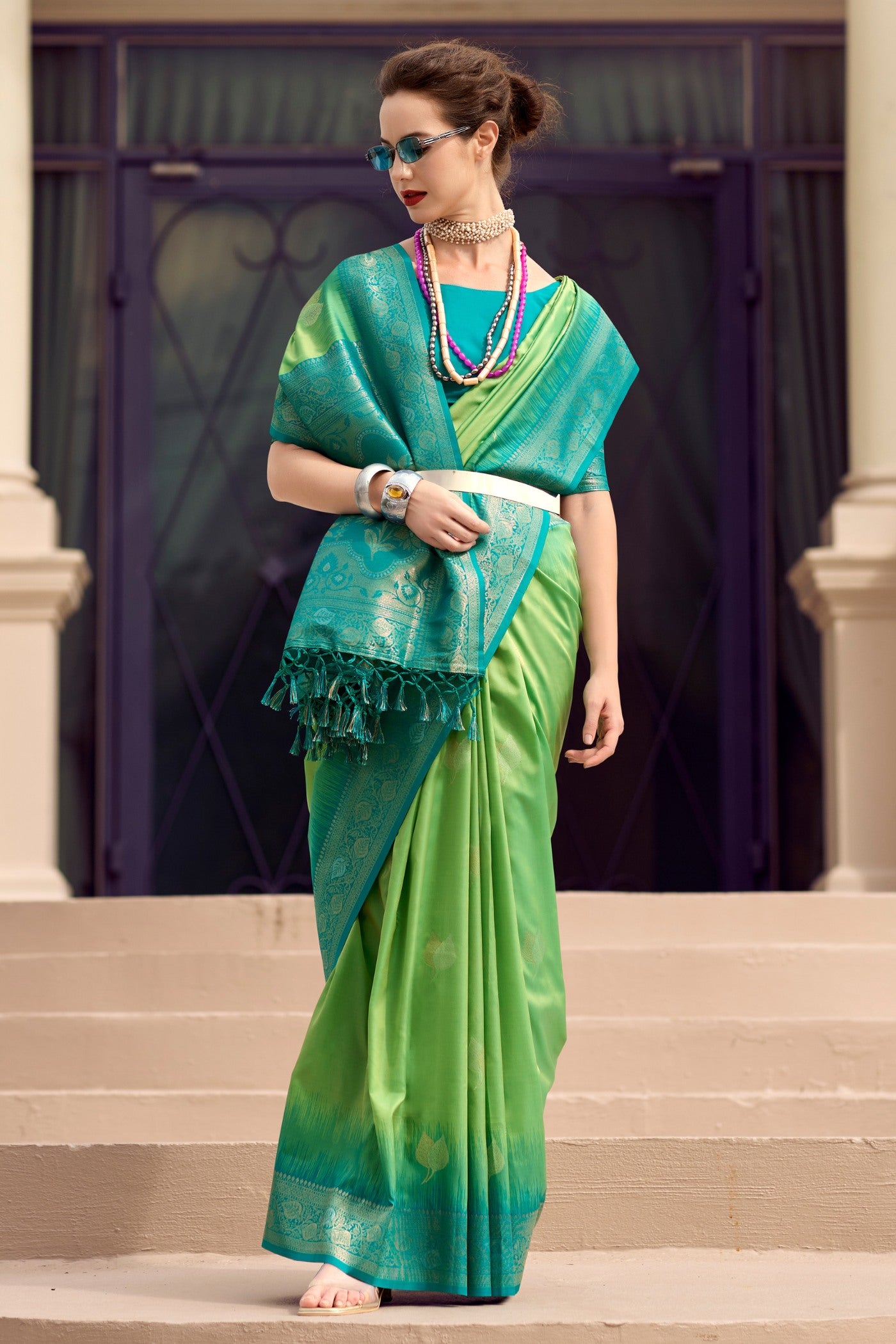 Buy MySilkLove Hippie Green Woven Banarasi Soft Silk Saree Online