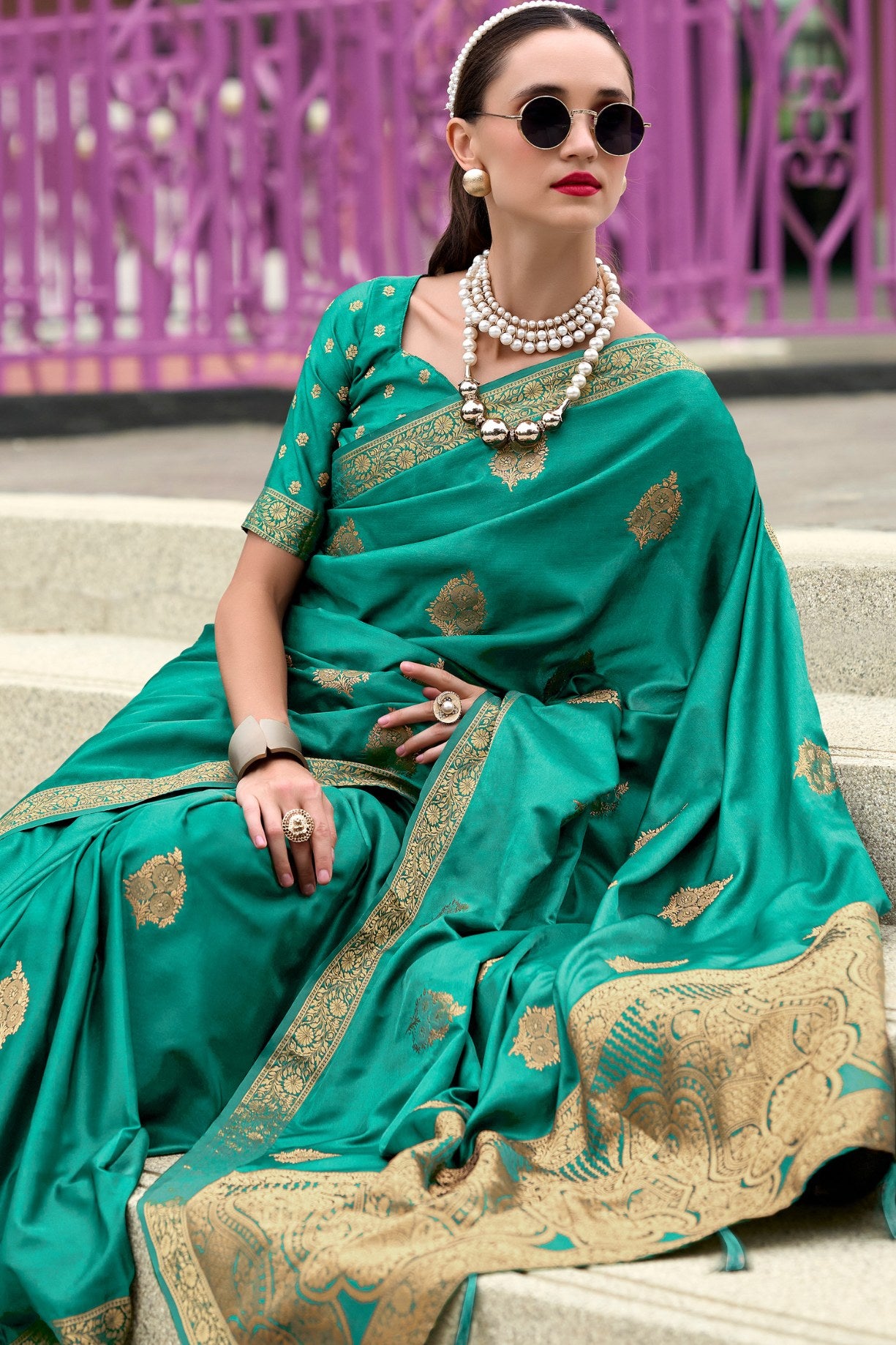 Buy MySilkLove Viridian Green Banarasi Handloom Satin Saree Online