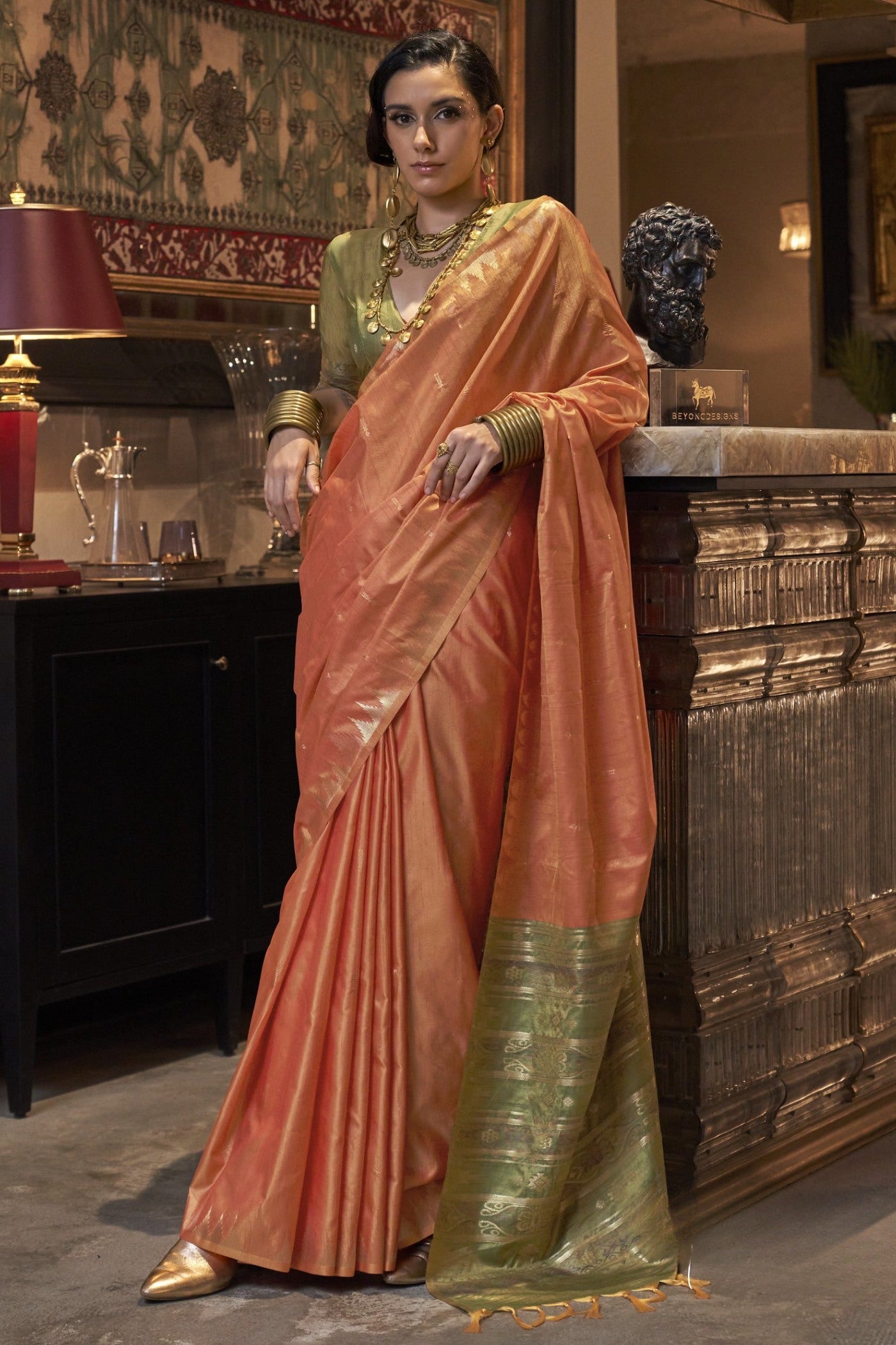 Buy MySilkLove Koromiko Orange Woven Linen Saree Online